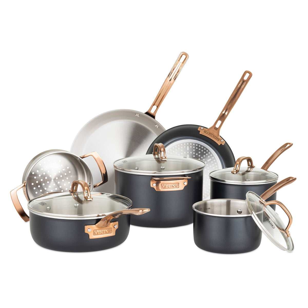 The Viking Culinary Products 3-Ply 11 Piece Black and Copper Cookware Set features copper-colored stay-cool handles, gray exteriors, and vented glass lids, all displayed against a white background.
