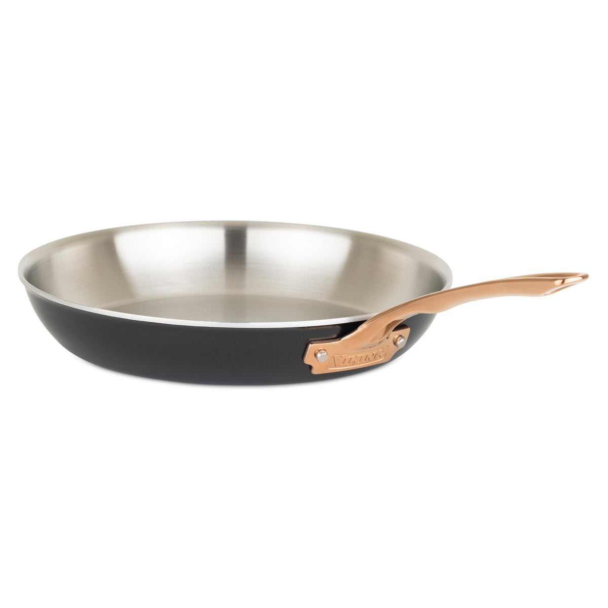 The Viking 3-Ply 11 Piece Black and Copper Cookware Set with Glass Lids by Viking Culinary Products features elegant stainless steel pieces, including pans with copper stay-cool handles, shown angled on a white background.