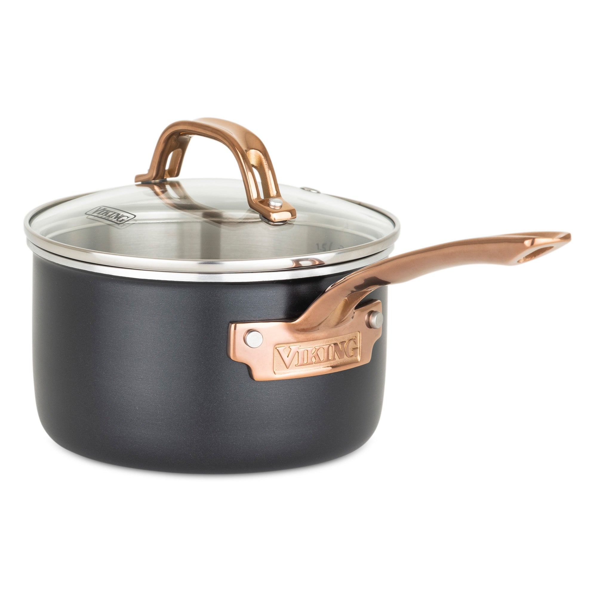The Viking 3-Ply 11 Piece Black and Copper Cookware Set from Viking Culinary Products features elegant black pans with copper-colored stay-cool handles, matching lid handles, glass lids, and the Viking plaque—perfect for a stylish kitchen upgrade.