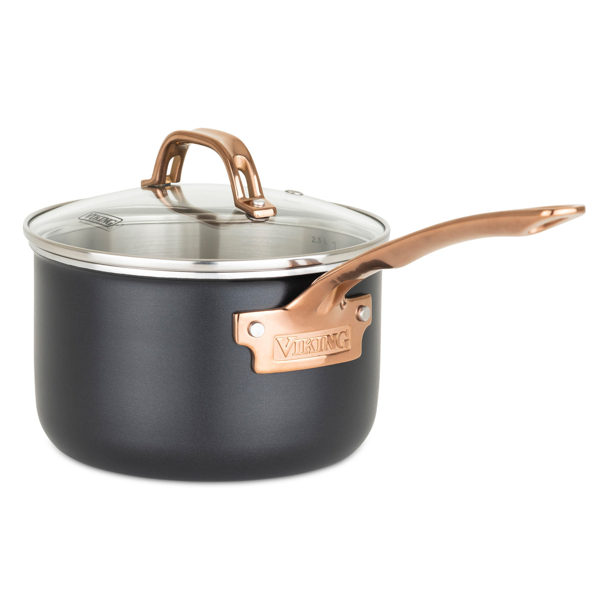 The Viking 3-Ply 11 Piece Black and Copper Cookware Set from Viking Culinary Products features saucepans with stay-cool copper handles, vented glass lids, and the Viking brand displayed on a copper plate.