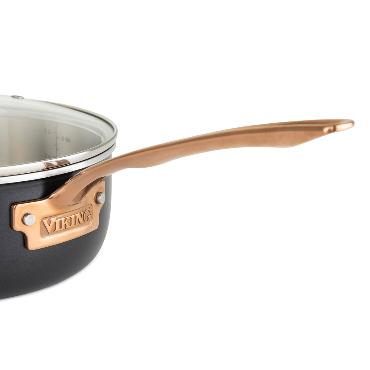 Close-up of the Viking 3-Ply 11 Piece Black and Copper Cookware Set with a shiny copper stay-cool handle and vented glass lid, featuring the Viking Culinary Products brand label on this premium stainless steel cookware.