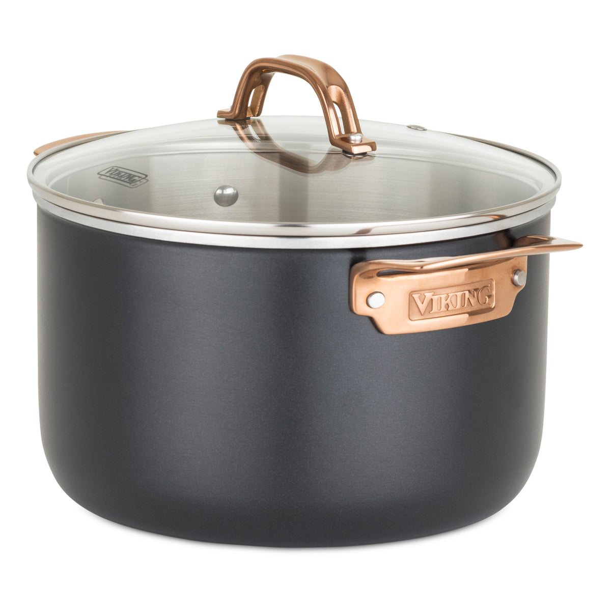 The Viking Culinary Products 3-Ply 11 Piece Black and Copper Cookware Set features glass lids and stay-cool copper-colored handles, making it an elegant addition to any stainless steel cookware collection.