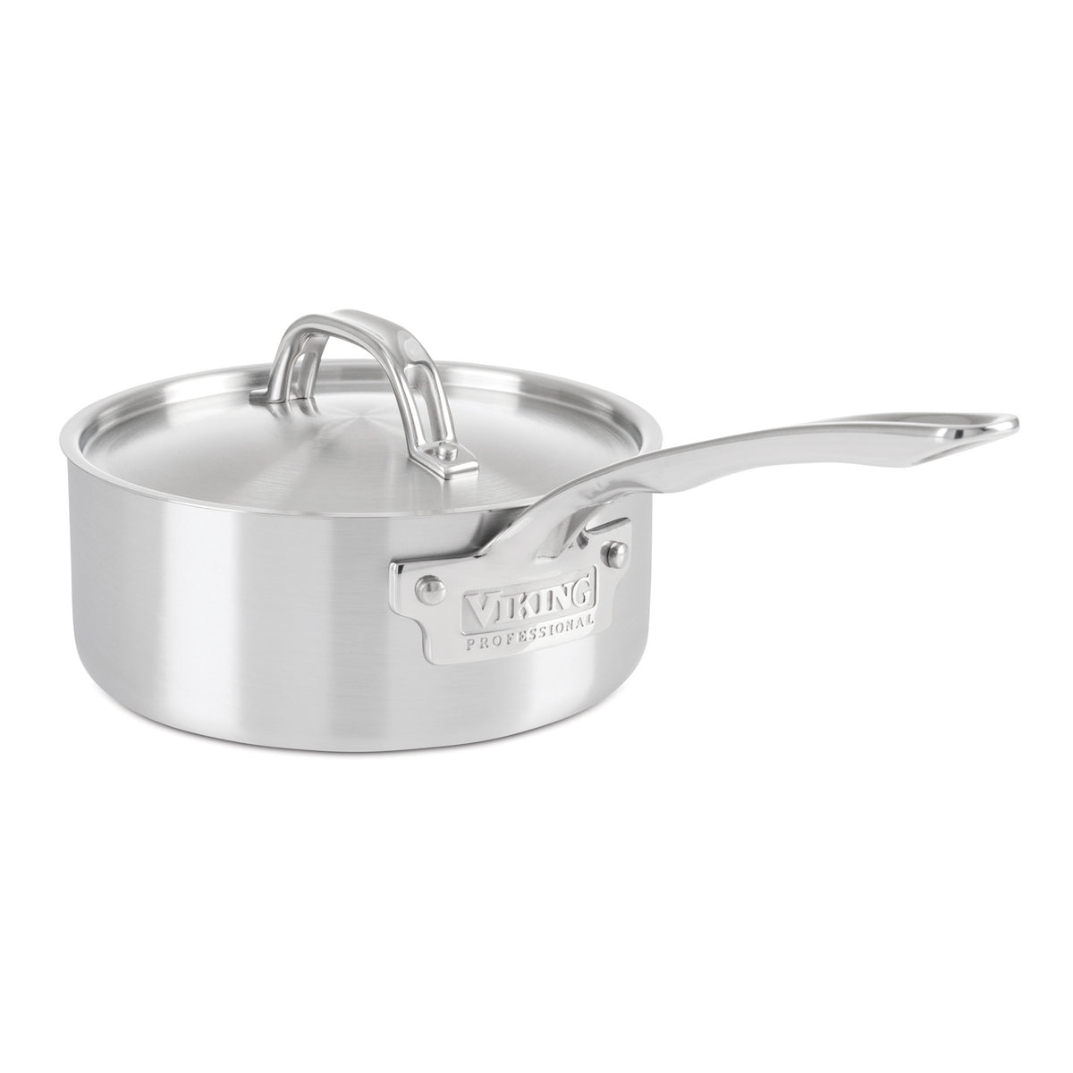 The Viking Culinary Products Professional 5-Ply 2-Quart Sauce Pan features a stainless steel build, metal lid, stay-cool handle, and is adorned with the Viking Professional logo. It is clean and shiny against a white background.