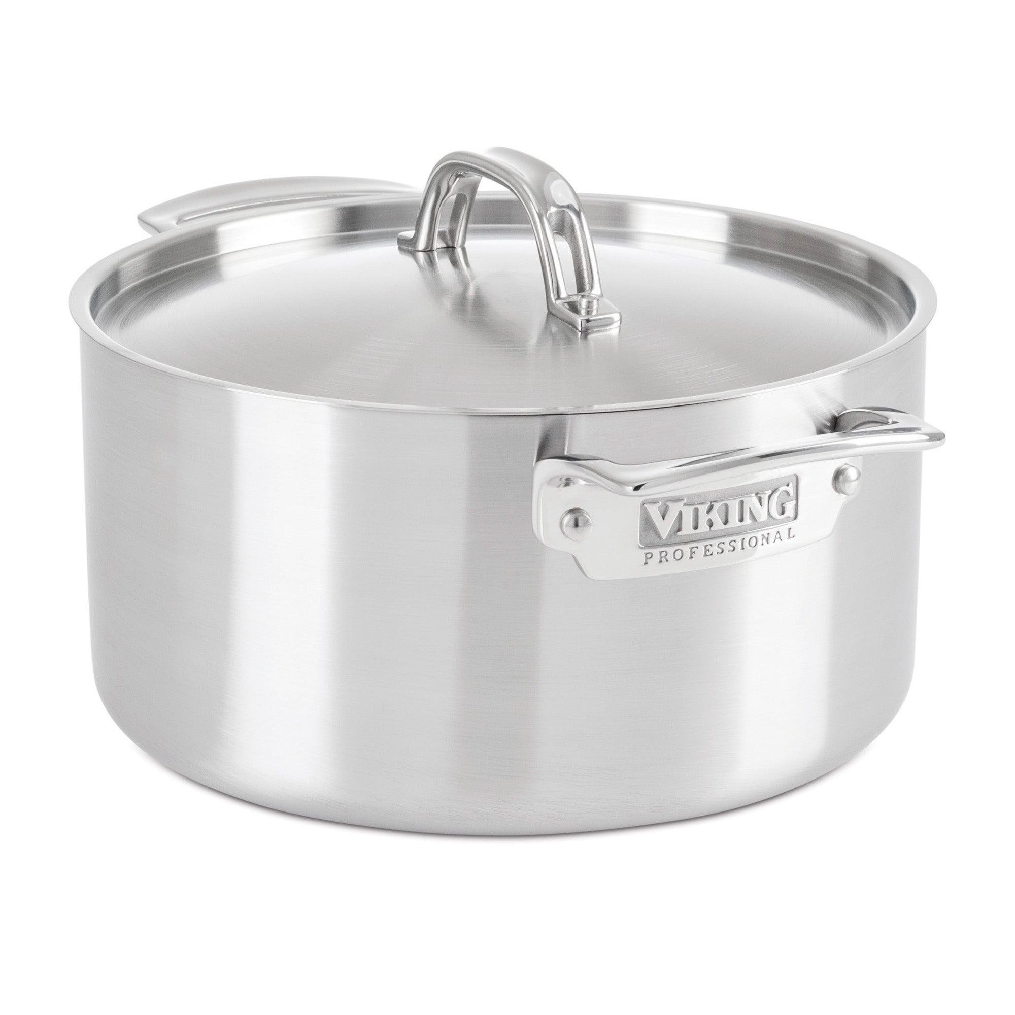 The Viking Culinary Products Professional 5-Ply Stainless Steel 6-Quart Stock Pot features a lid and Stay-Cool Handles with a brushed finish, shown on a white background.