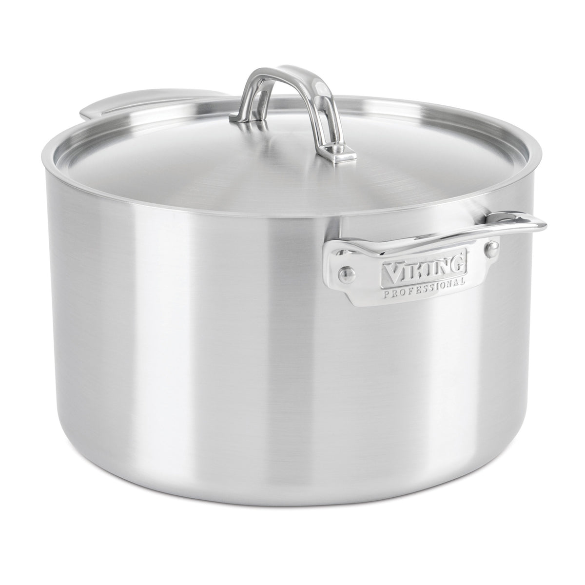 The Viking Culinary Products Professional 5-Ply 10-piece Cookware Set includes a large stainless steel pot with lid and handles, featuring the Viking name embossed on the side handle.