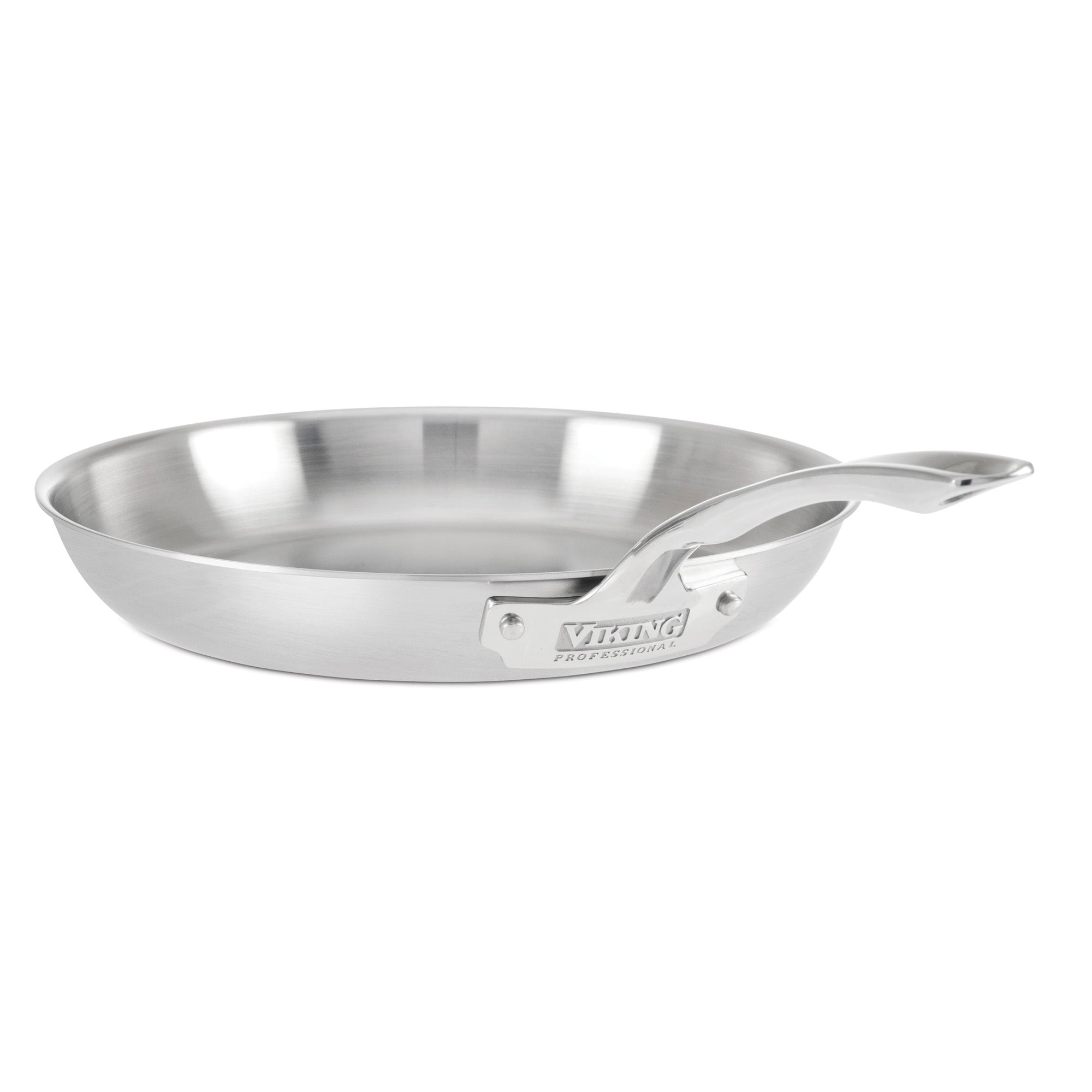 The Viking Culinary Products Professional 5-Ply 12-Inch Fry Pan features stainless steel construction, a long curved handle, brushed metal finish, and is dishwasher safe—all shown on a plain white background.