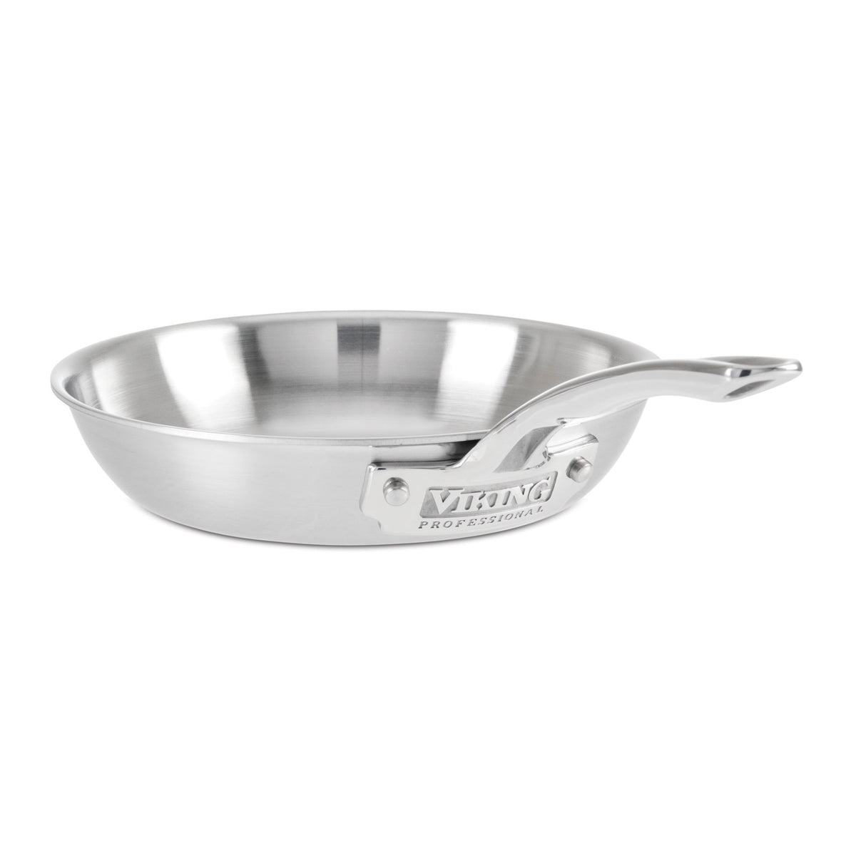 A Viking Culinary Products Professional 5-Ply 10-piece Cookware Set is shown against a white background. This premium set features engraved handles and includes a lifetime warranty for lasting performance.