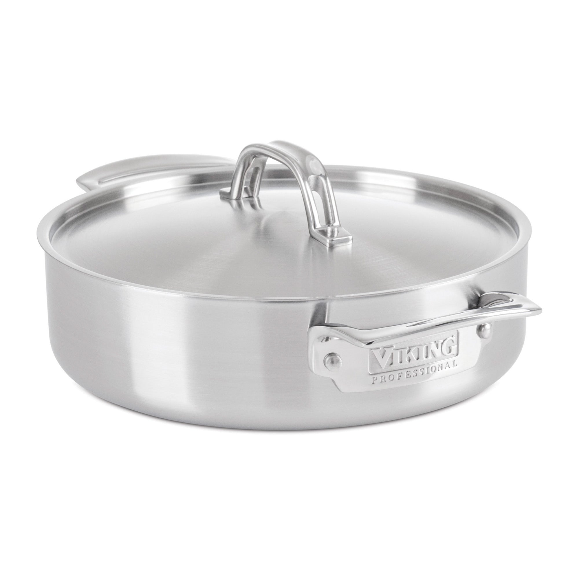 The Viking Professional 5-Ply Stainless Steel 3.4-Quart Casserole Pan by Viking Culinary Products features Stay-Cool Handles, a lid, and Viking Professional engraved on the side handle, displayed on a white background.