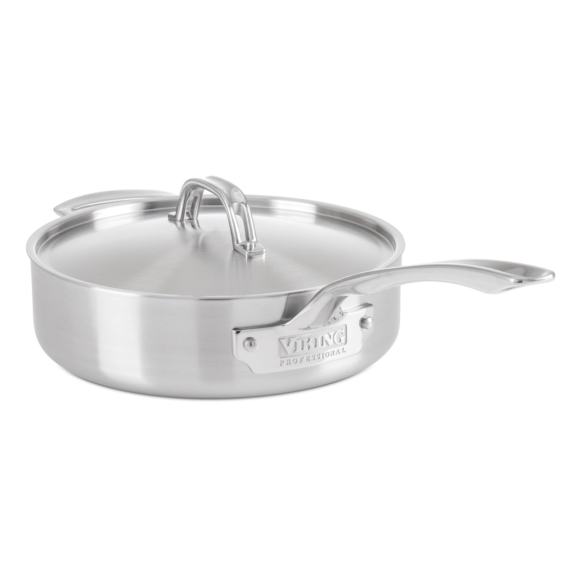 The Viking Culinary Products Professional 5-Ply 10-piece Cookware Set features stainless steel sauté pans with riveted long and helper handles, matching lids, and a brushed finish for premium quality.