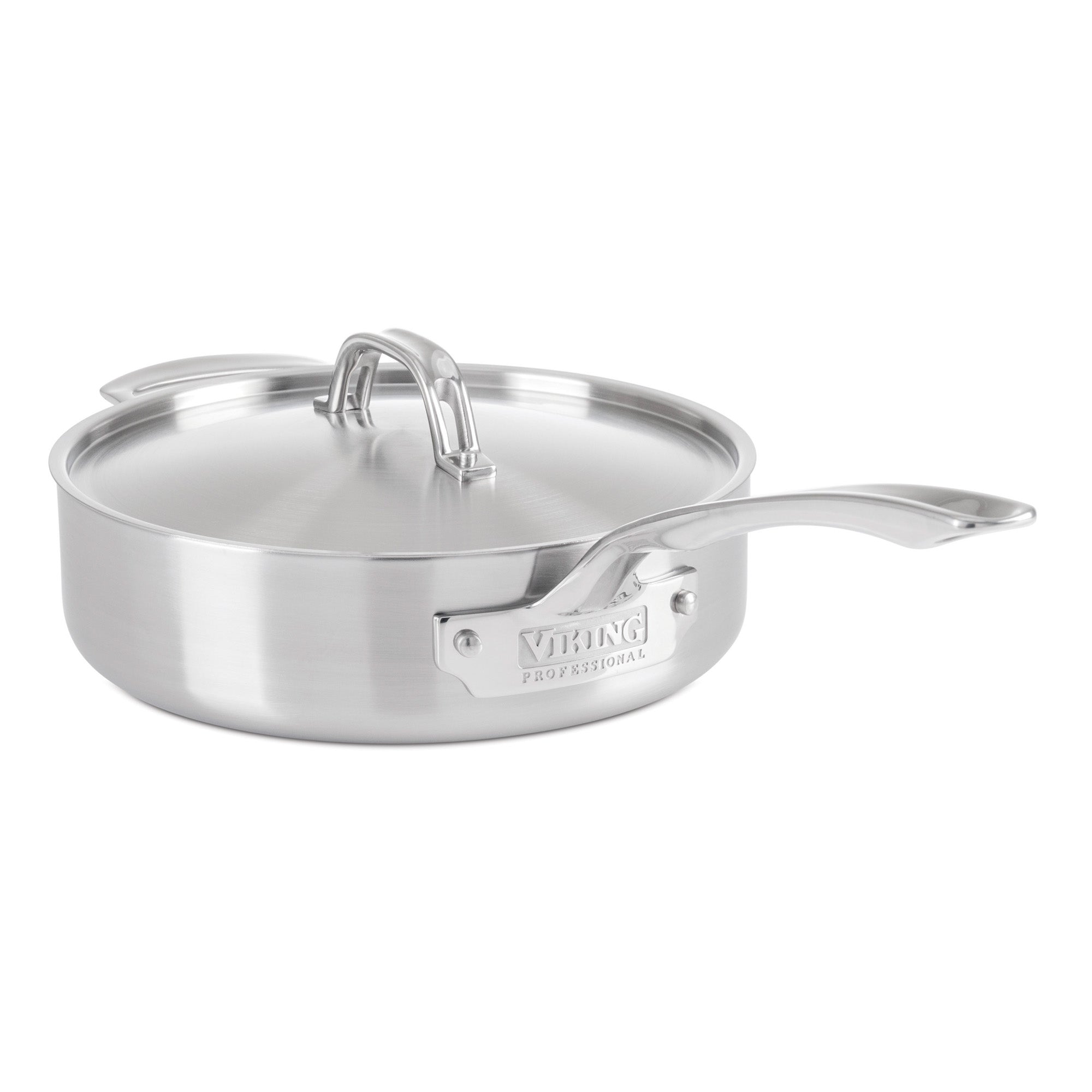 The Viking Professional 5-Ply Stainless Steel 3.4-Quart Sauté Pan by Viking Culinary Products features a metal lid, dual handles (one short, one long), and the Viking Professional logo on the side.