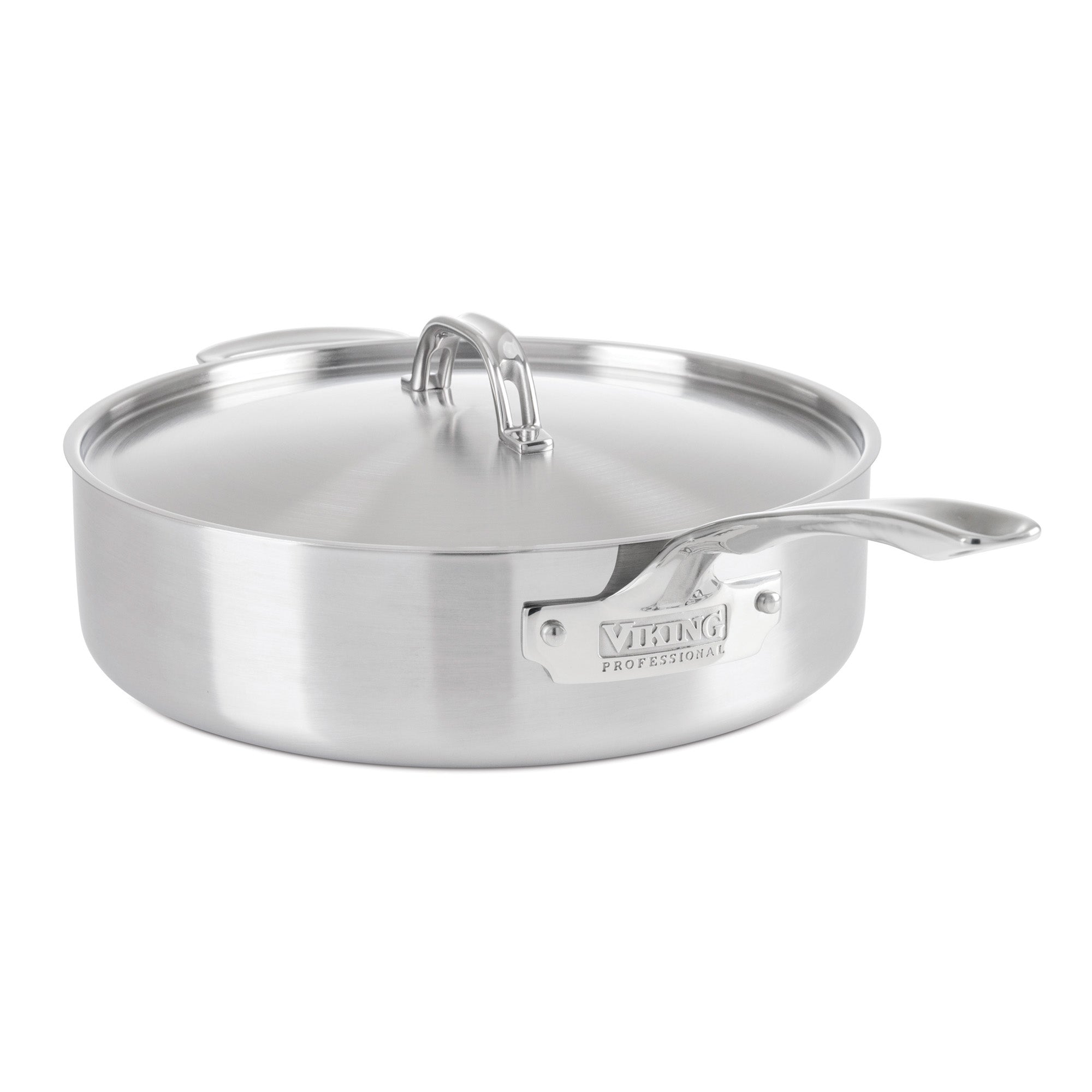 The Viking Culinary Products Professional 5-Ply Stainless Steel 6.4-Quart Sauté Pan features a metal lid, one long and one short handle, and “Viking Professional” branding on the side.
