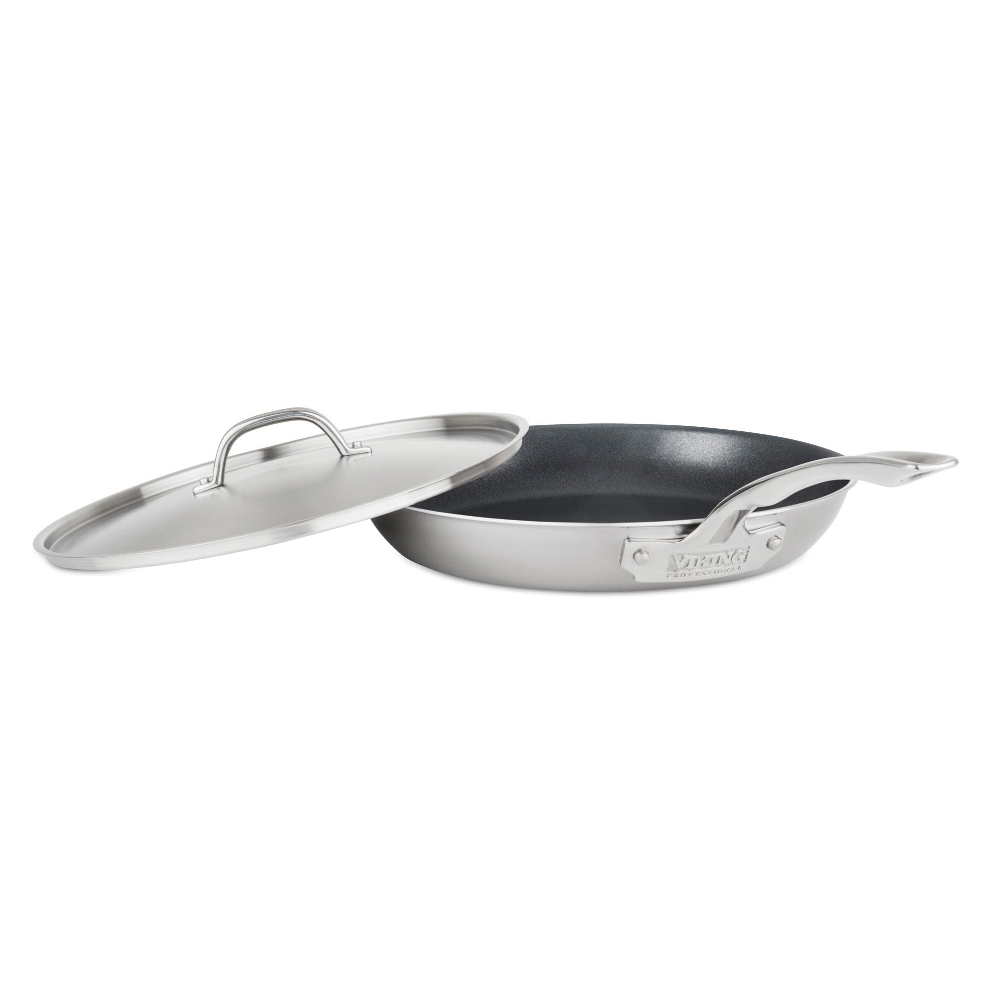The Viking Culinary Products Professional 5-Ply Stainless Steel Covered Nonstick 12-Inch Fry Pan features 5-ply construction, a curved stay-cool handle, a nonstick interior, and a matching lid shown slightly ajar on a white background.