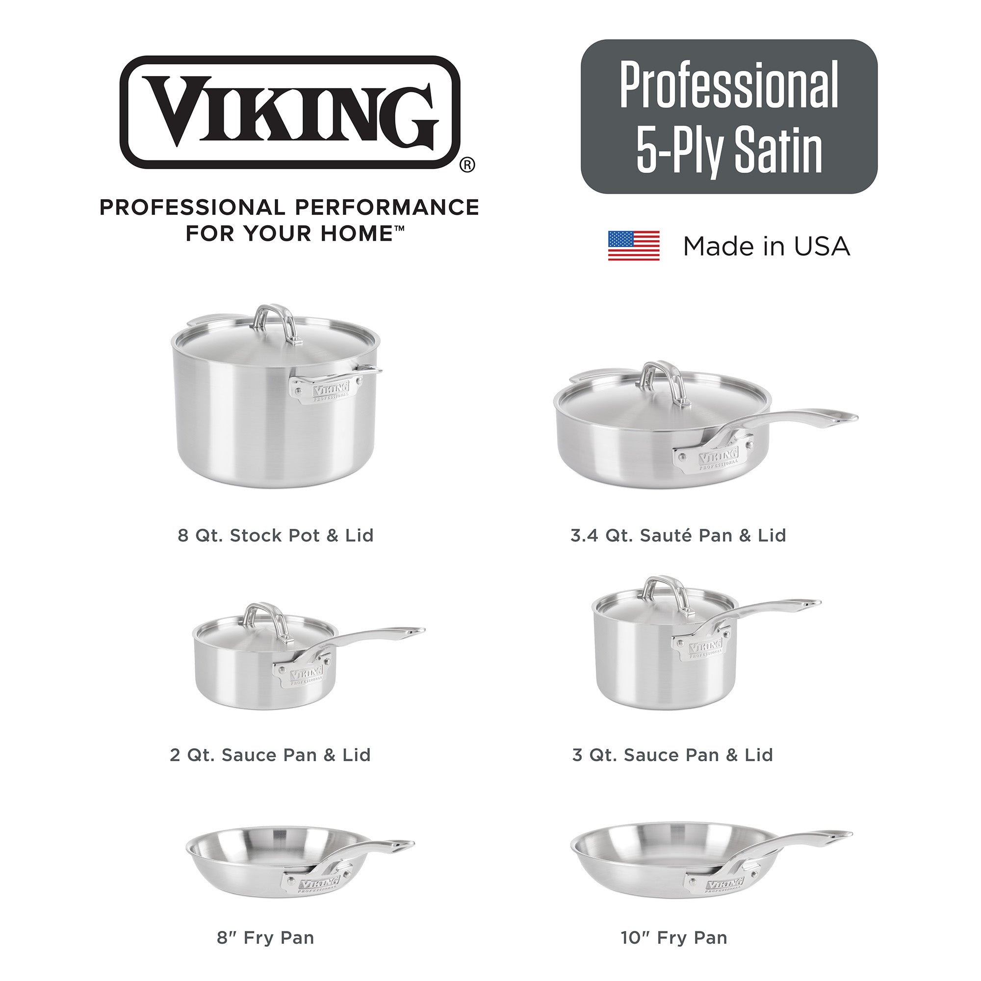 Image of the Viking Culinary Products Professional 5-Ply 10-piece Cookware Set, showing labeled fry pans, an 8 qt. stock pot with lid, sauté and sauce pans with lids—made in the USA and supported by a Lifetime Warranty.