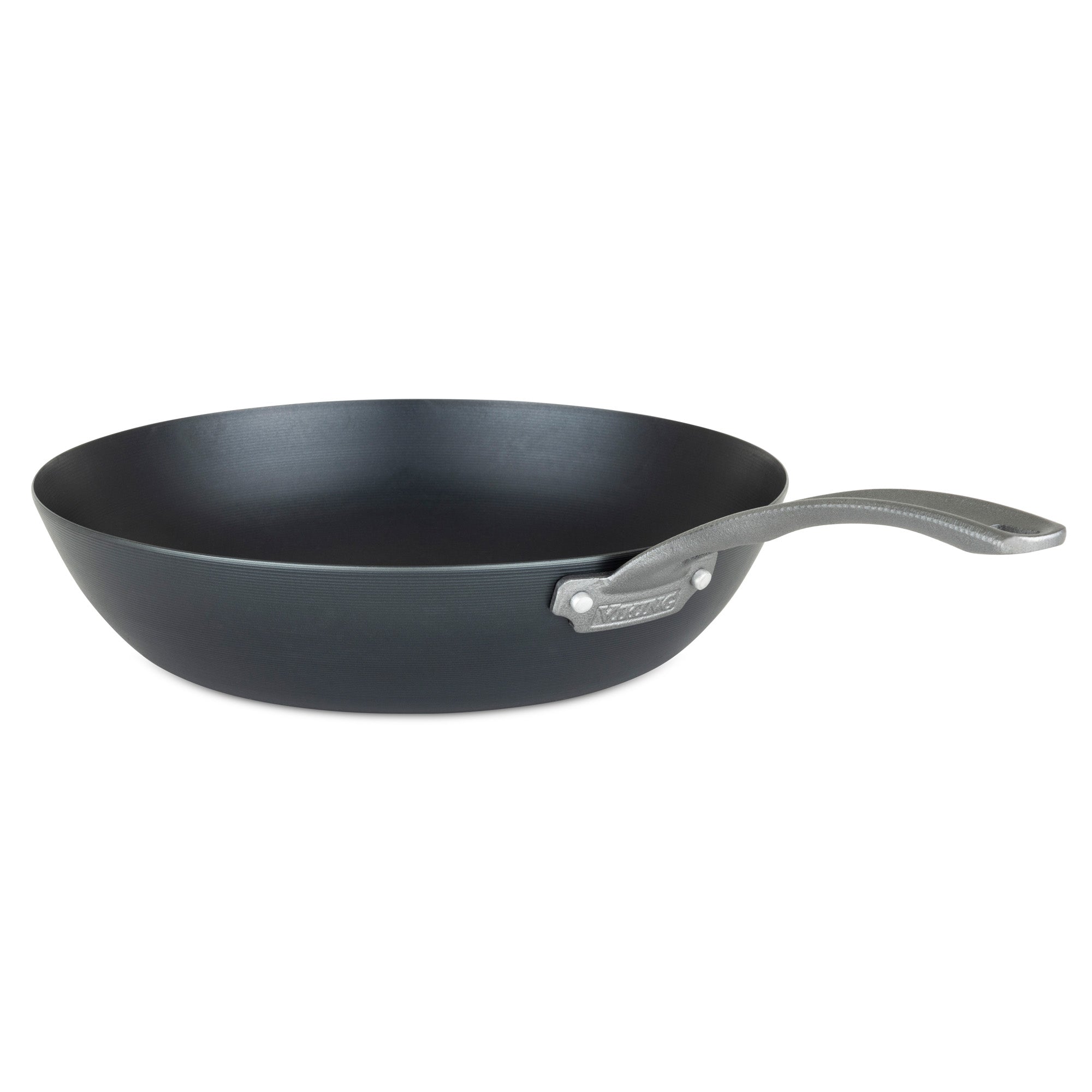 The Viking Blue Carbon Steel 12-Inch Wok by Viking Culinary Products features a black nonstick finish and a curved silver handle—perfect for expanding your pre-seasoned cookware collection.