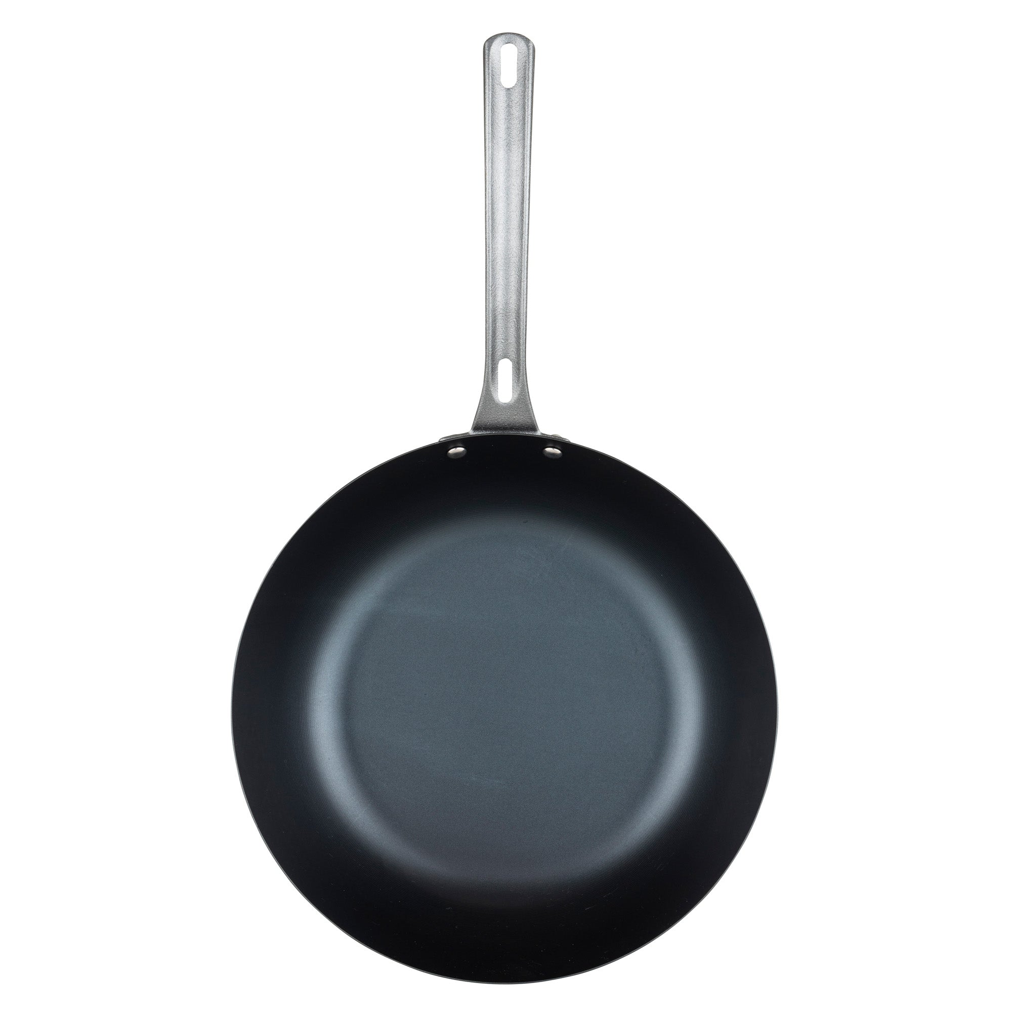 The Viking Culinary Products Blue Carbon Steel 12-Inch Wok features a long silver handle and is shown from above against a white background.