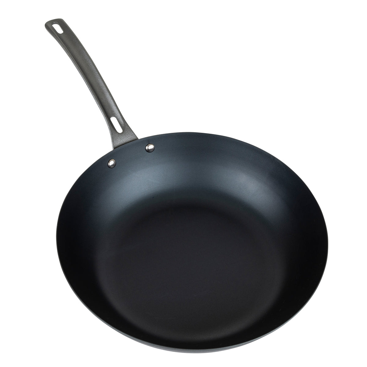 A Viking Blue Carbon Steel 12-Inch Wok by Viking Culinary Products, featuring a long metal handle, is shown on a white background.
