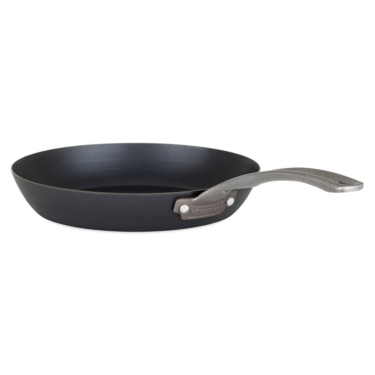 The Viking Blue Carbon Steel 10-Inch Fry Pan by Viking Culinary Products is a black nonstick, lightweight pan with a curved metal handle, displayed against a white background.