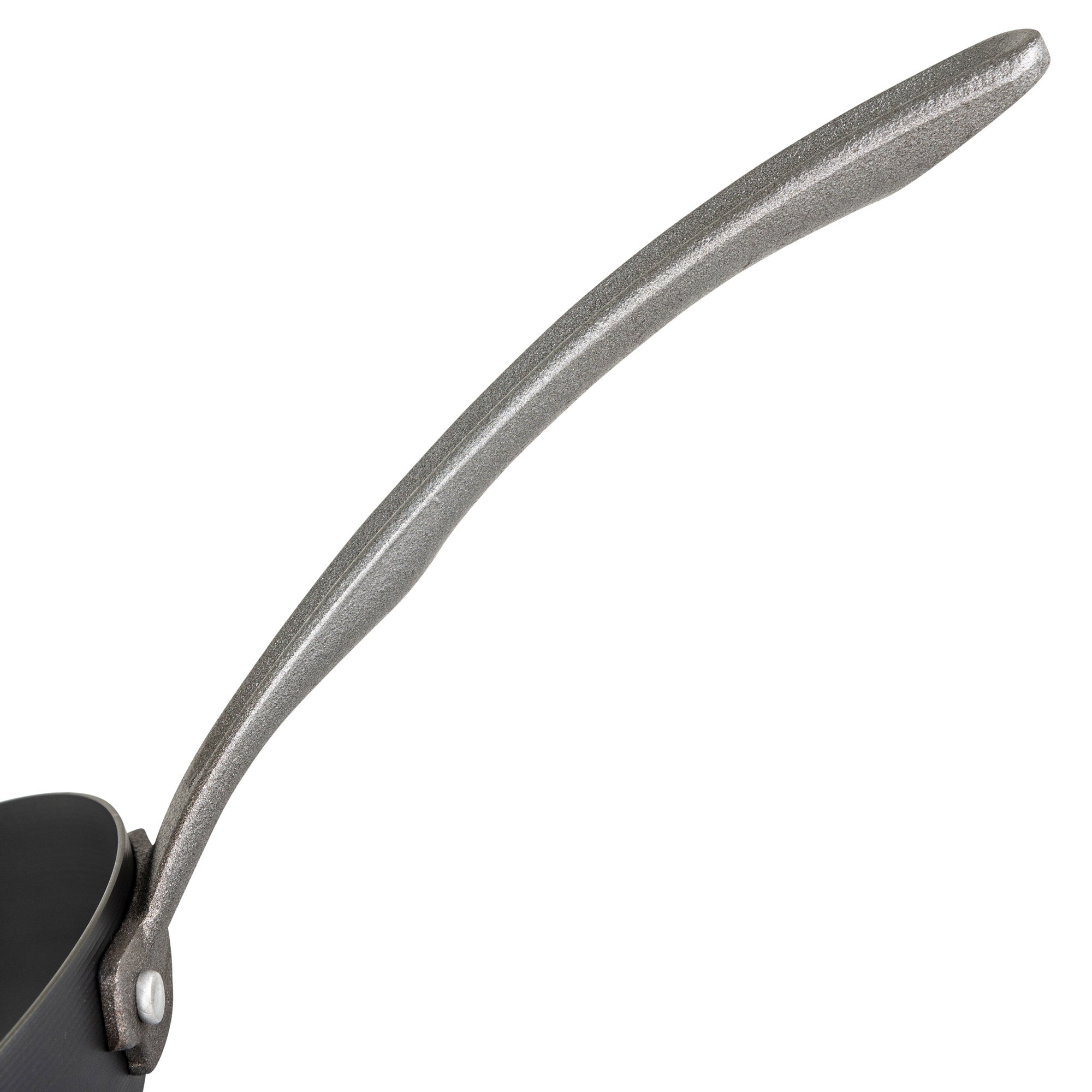 Close-up of the ergonomic metallic handle on the Viking Blue Carbon Steel 10-Inch Fry Pan by Viking Culinary Products, shown attached to the nonstick pan against a white background.