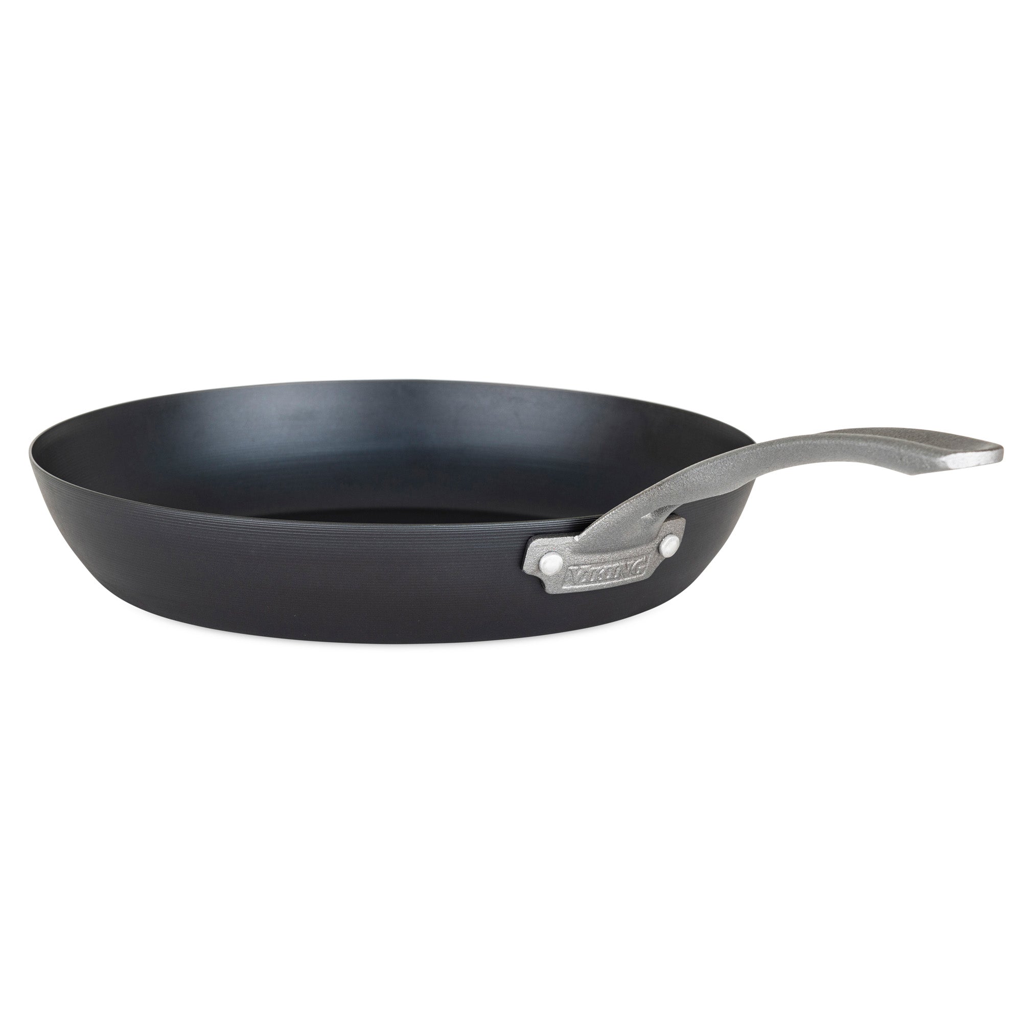 The Viking Culinary Products Viking Blue Carbon Steel 12-Inch Fry Pan features a pre-seasoned black finish, wide shallow base, and a curved silver metal handle, displayed on a white background.