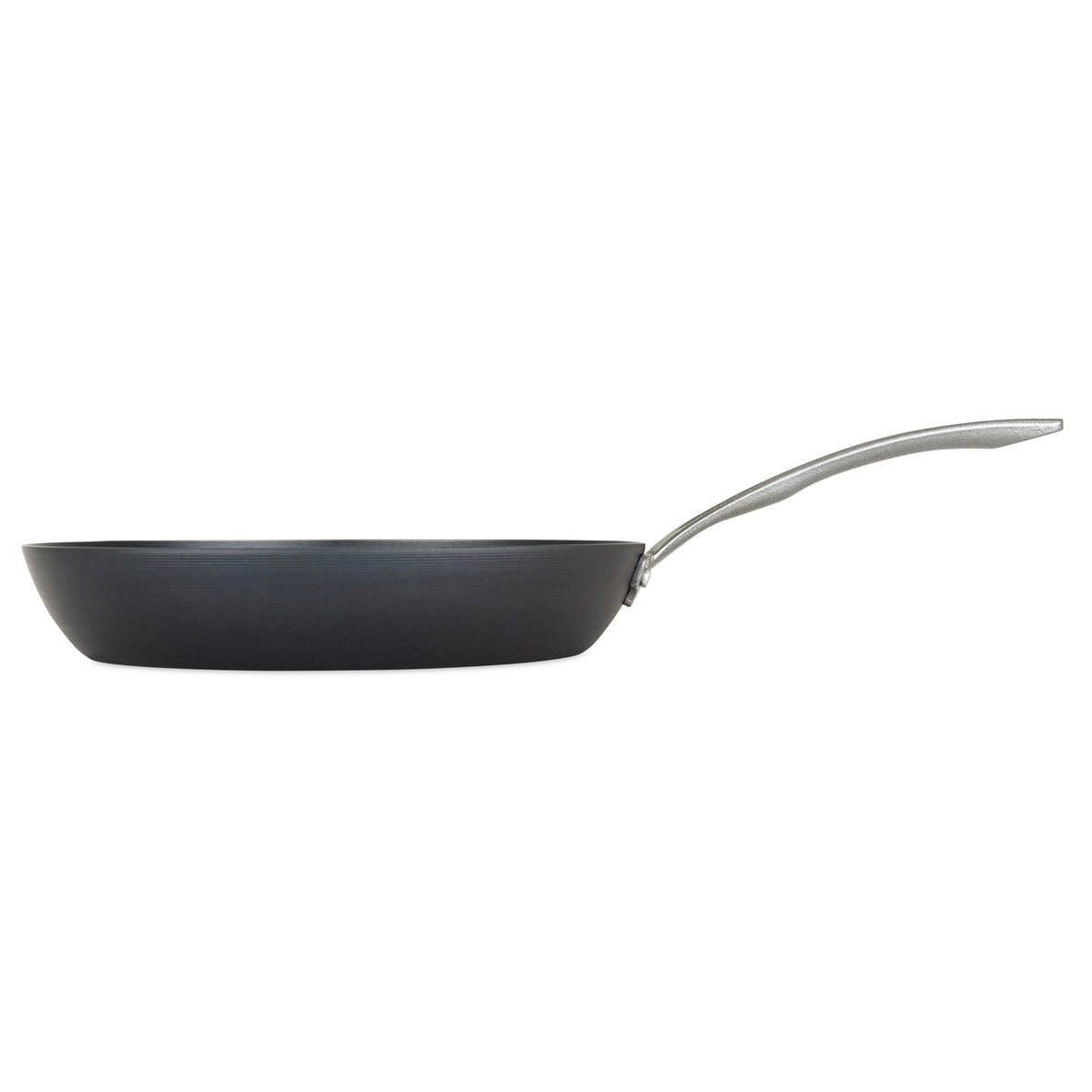The Viking Blue Carbon Steel 12-Inch Fry Pan by Viking Culinary Products is a pre-seasoned, nonstick black frying pan with a long silver handle, displayed from the side against a white background.
