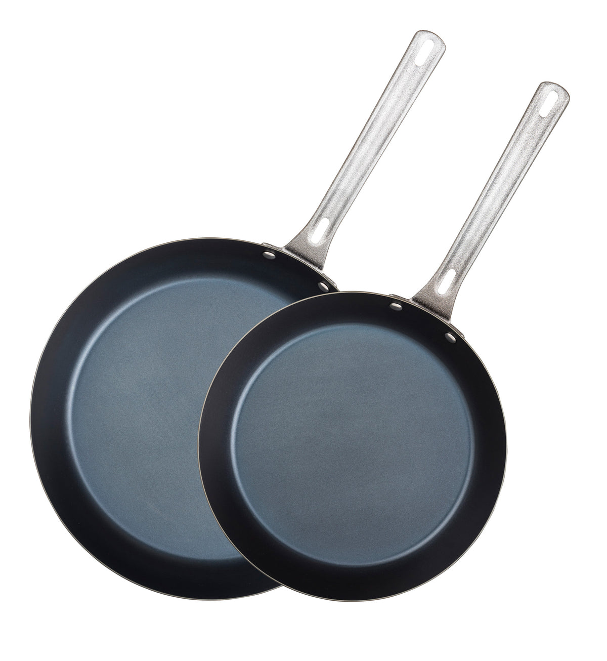 The Viking Culinary Products Viking 2-Piece Blue Carbon Steel Fry Pan Set features two pre-seasoned black pans with metal handles, each with a hanging hole, shown overlapping on a white background.