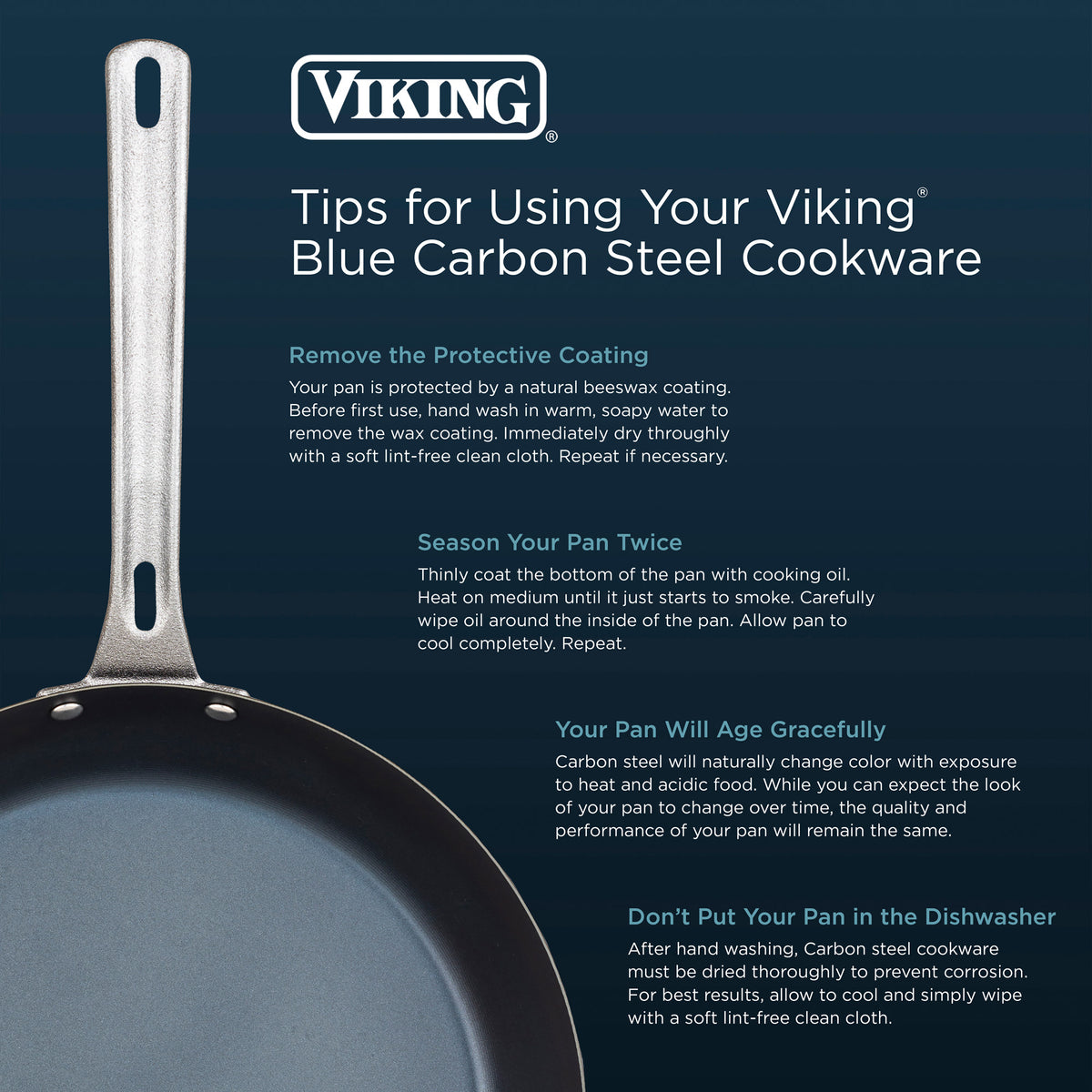 The Viking Culinary Products 2-Piece Blue Carbon Steel Fry Pan Set rests on a dark background. Tips: remove protective coating, season pans, let them age gracefully, and hand wash only to keep your Viking pans in top condition.
