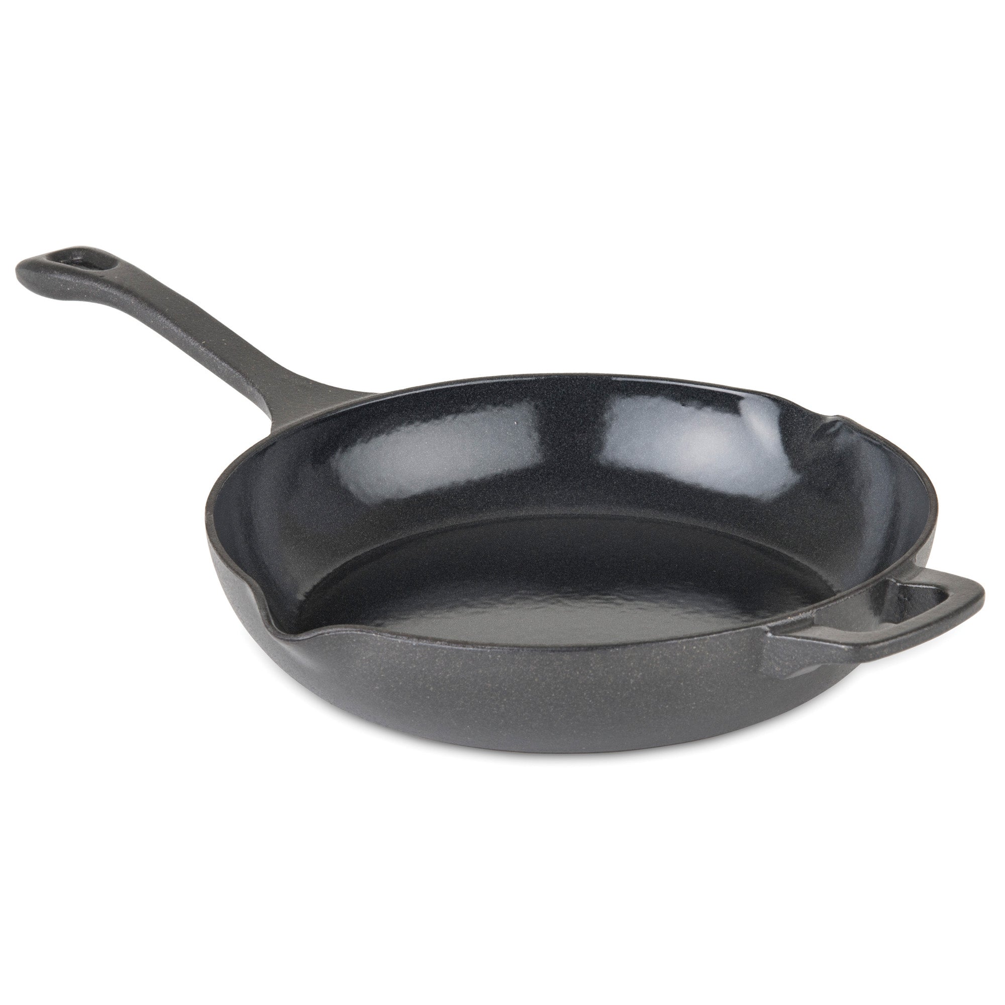 The Viking Enameled Cast Iron 10.5-Inch Chefs Pan by Viking Culinary Products features a black enamel finish, long handle, and small helper handle—perfect for various cooking surfaces. Pictured against a white background.
