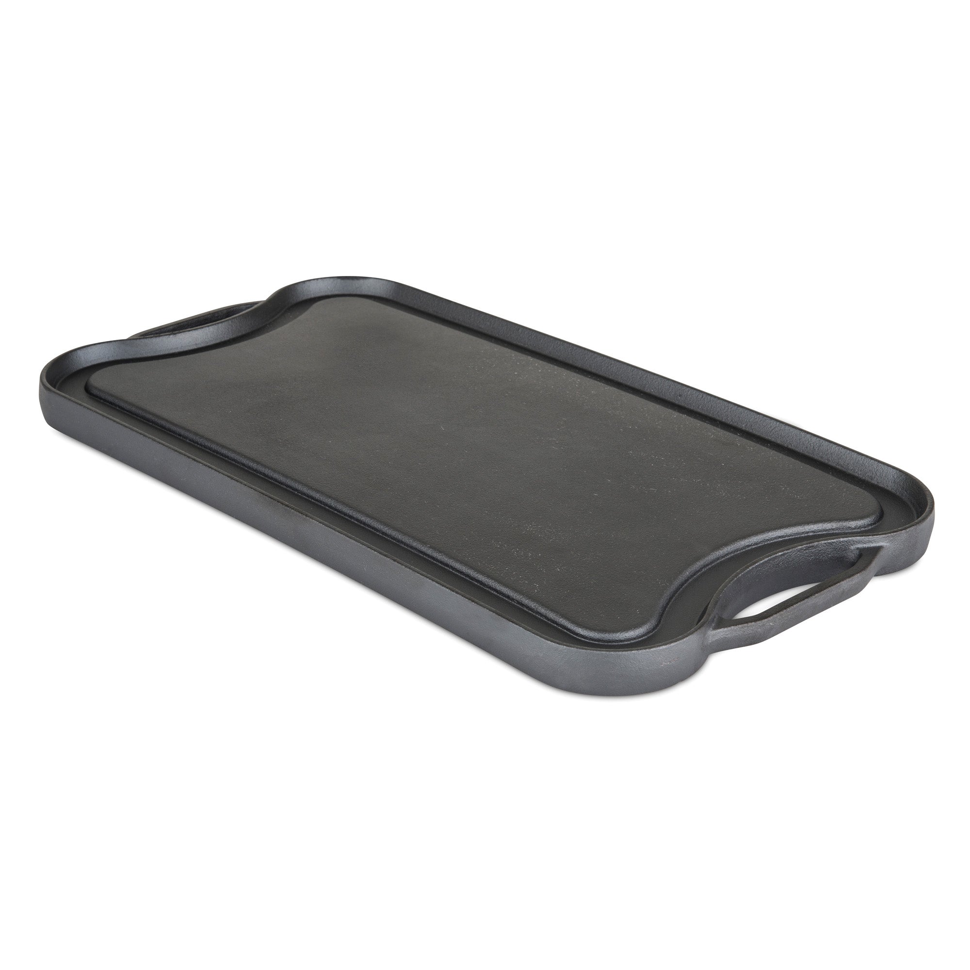 The Viking Cast Iron 20-Inch Reversible Grill/Griddle Pan by Viking Culinary Products features raised side handles, a flat cooking surface with slightly raised edges, and comes pre-seasoned for versatile grilling or griddling.