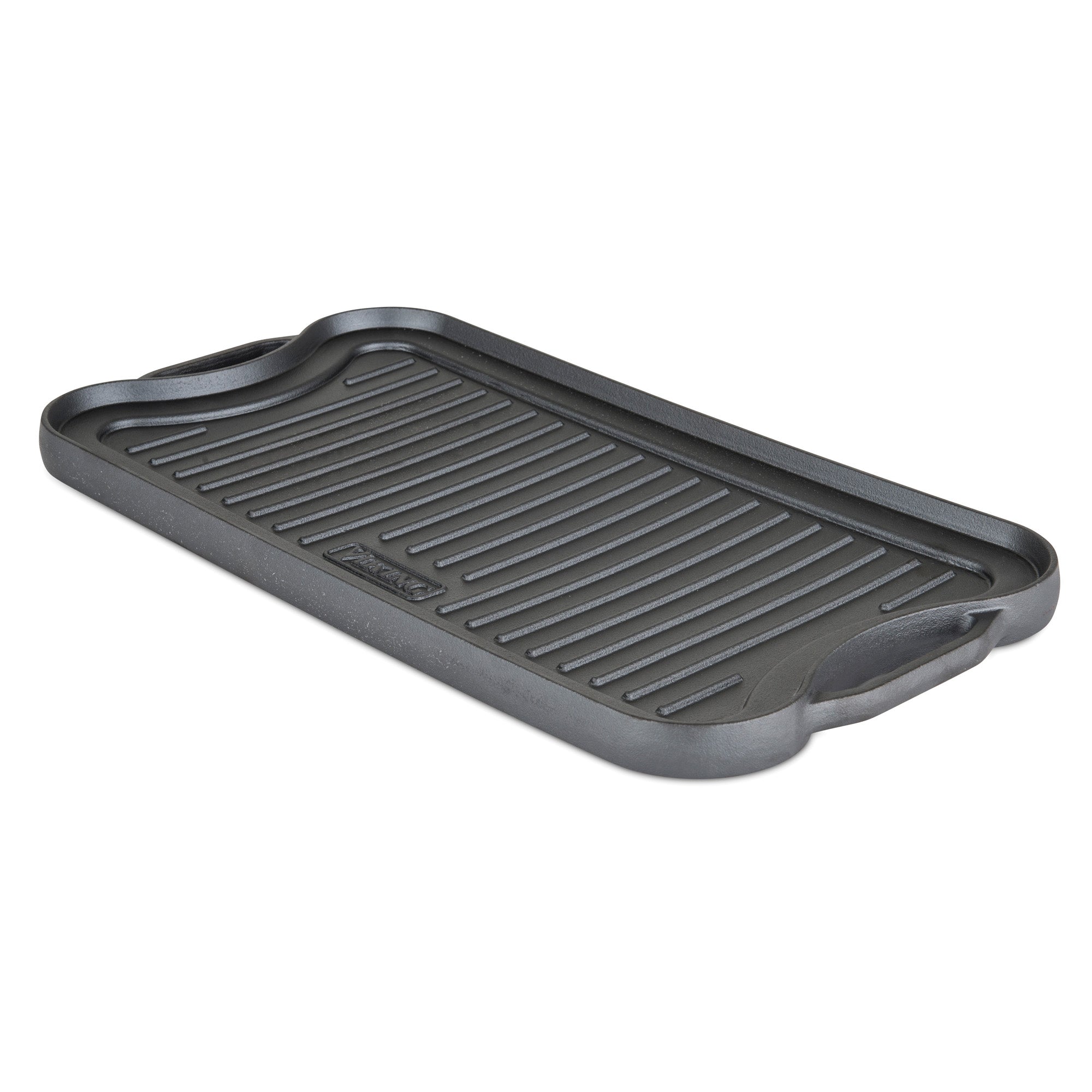 The Viking Cast Iron 20-Inch Reversible Grill/Griddle Pan by Viking Culinary Products is pre-seasoned, features raised ridges and handles on both ends, and is designed for grilling food.