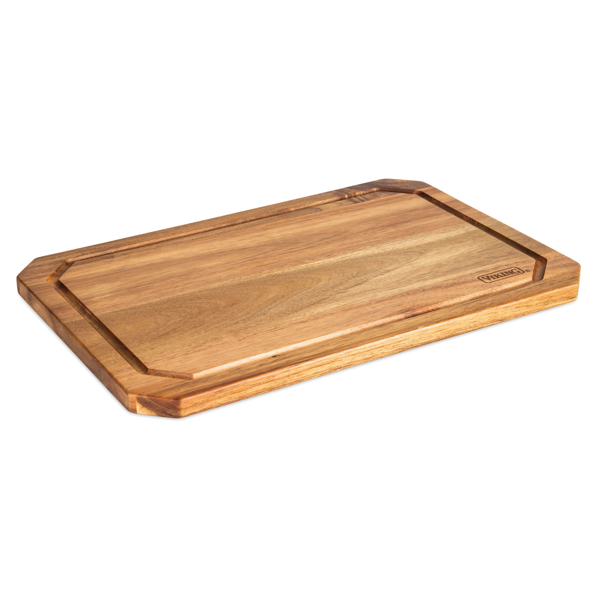 The Viking Acacia Carving Board with Juice Groove by Viking Culinary Products is a rectangular acacia wood board featuring beveled edges and a juice groove around the perimeter, shown on a white background.