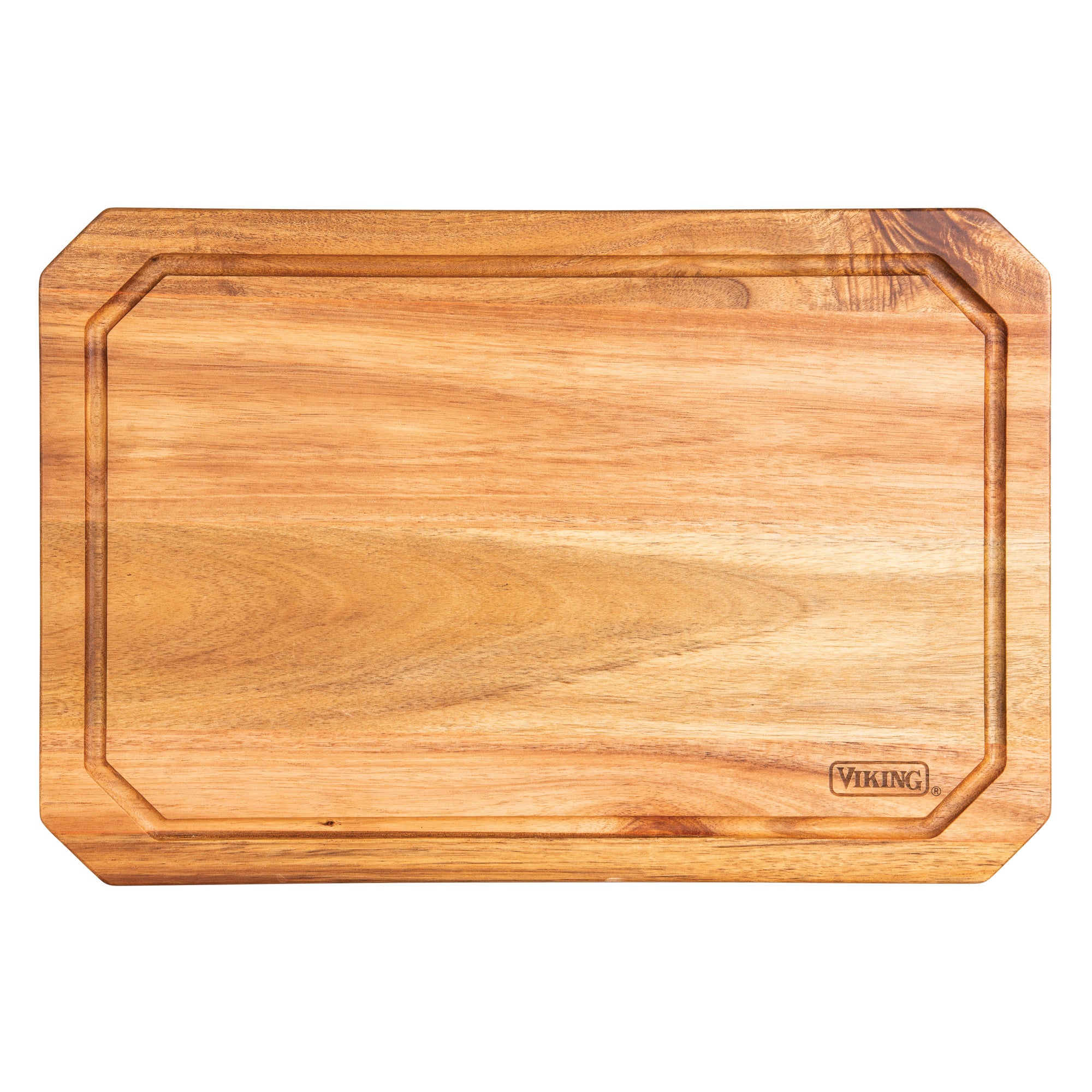 The Viking Acacia Carving Board with Juice Groove by Viking Culinary Products features beveled edges, a juice groove border, VIKING engraved in one corner, and a light natural finish that highlights the wood grain.