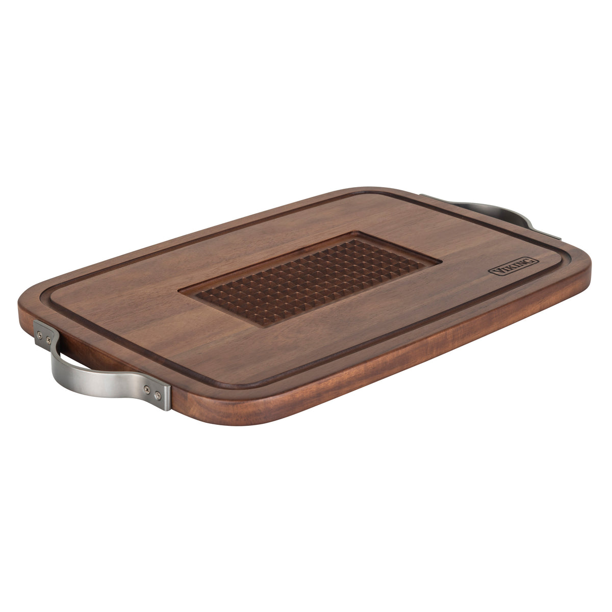 The Viking Acacia Carving Board features heavy-duty metal handles, a textured recessed juice well in the center, and is crafted from acacia wood. The Viking Culinary Products brand name is engraved on one corner.
