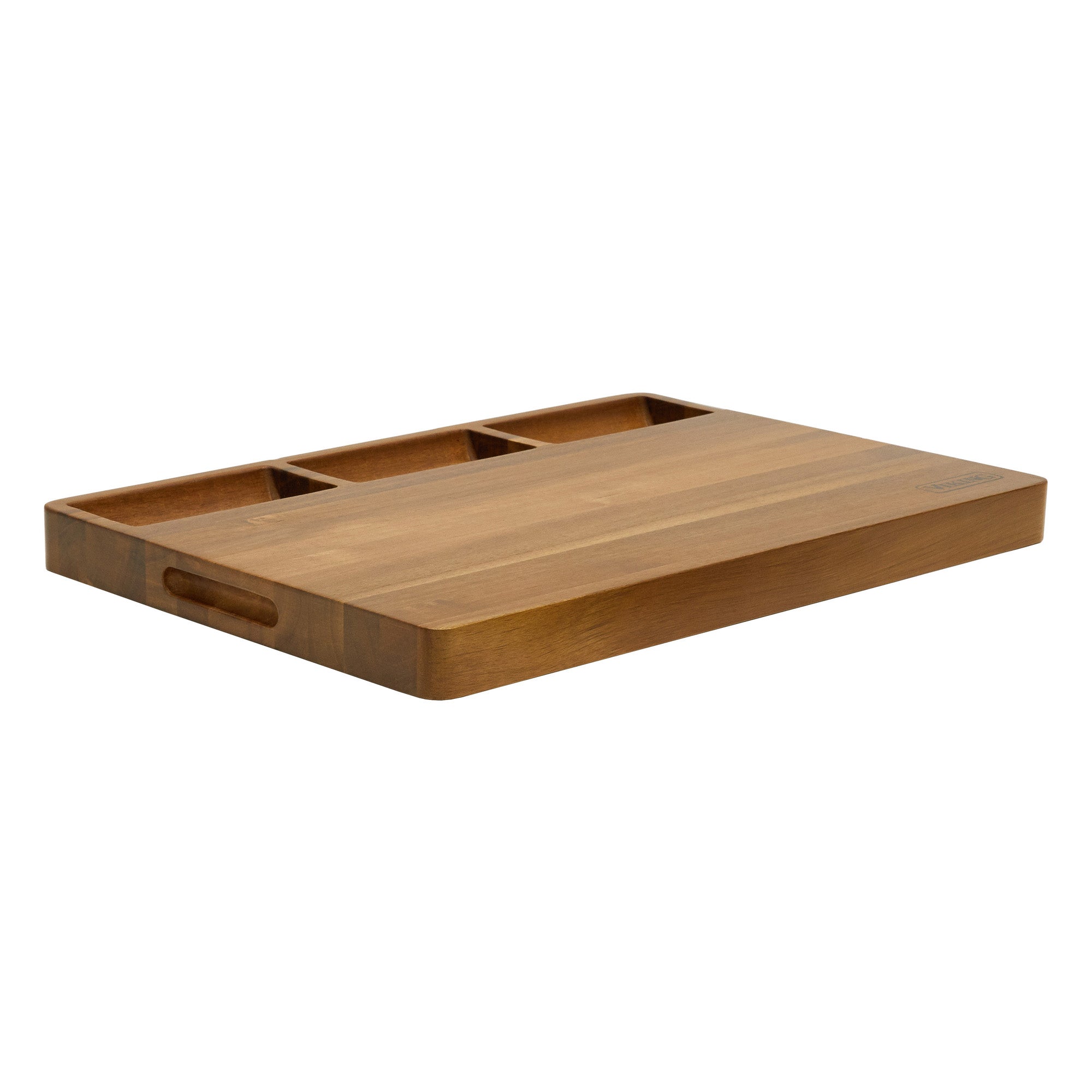 The Viking Acacia 20-Inch Reversible Butcher Block Prep and Carving Board by Viking Culinary Products features three built-in compartments, a juice groove, and a side handle—ideal for organizing ingredients during food prep.