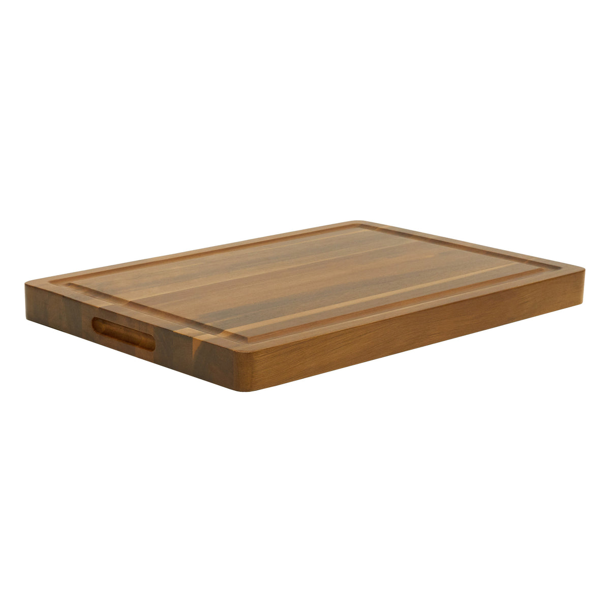 The Viking Acacia 20-Inch Reversible Butcher Block Prep and Carving Board by Viking Culinary Products features a juice groove and side handle cutout, shown on a white background.