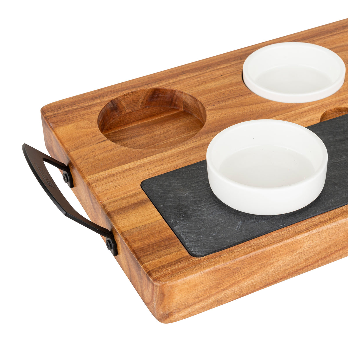 The Viking 7-Piece Acacia Wood Slate Cheese Board Set by Viking Culinary Products features an acacia wood board with a black slate inset, two white ceramic ramekins, a round well, and a black metal handle.