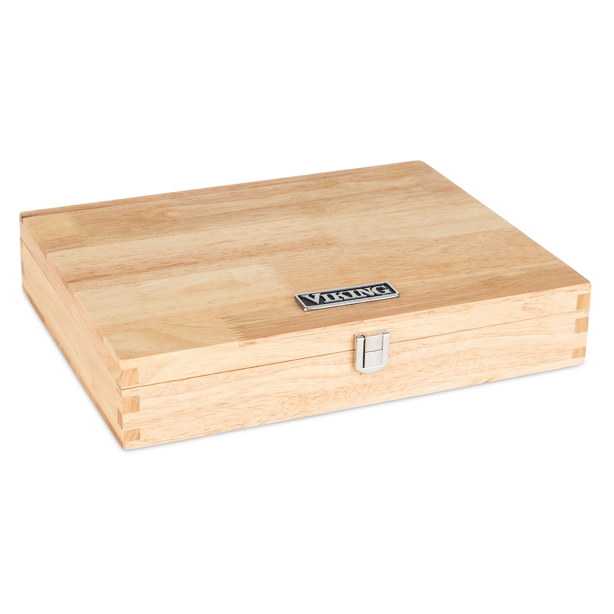 The Viking Steakhouse 8-Piece Steak Knife Set by Viking Culinary Products comes in a rectangular light wood gift box with dovetail joints, a metal front latch, and a silver Viking plaque—ideal for storing German stainless steel knives.