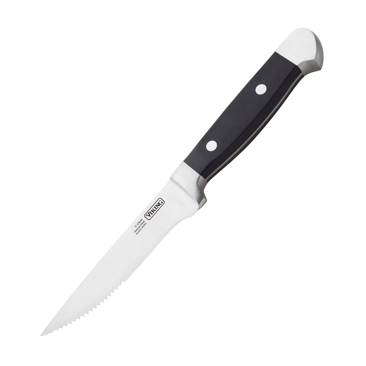The Viking Steakhouse 8-Piece Steak Knife Set by Viking Culinary Products features serrated German stainless steel blades and double-riveted black handles, shown on a white background.
