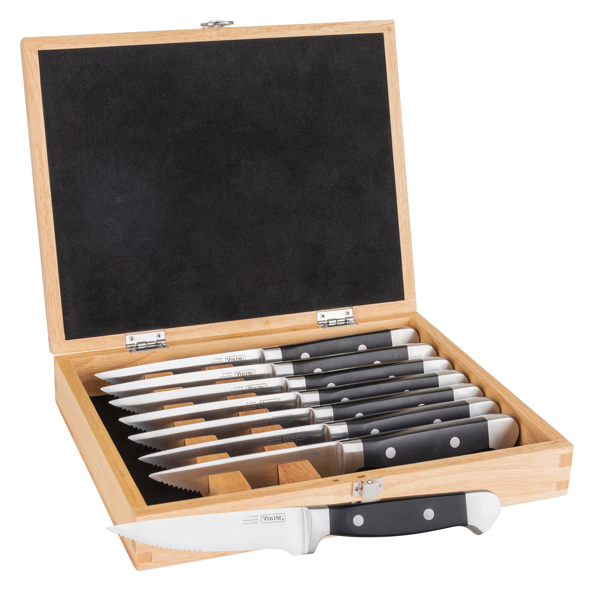 The Viking Steakhouse 8-Piece Steak Knife Set by Viking Culinary Products features German stainless steel blades in a wooden gift box with a black interior; one knife is displayed in front of the open box.