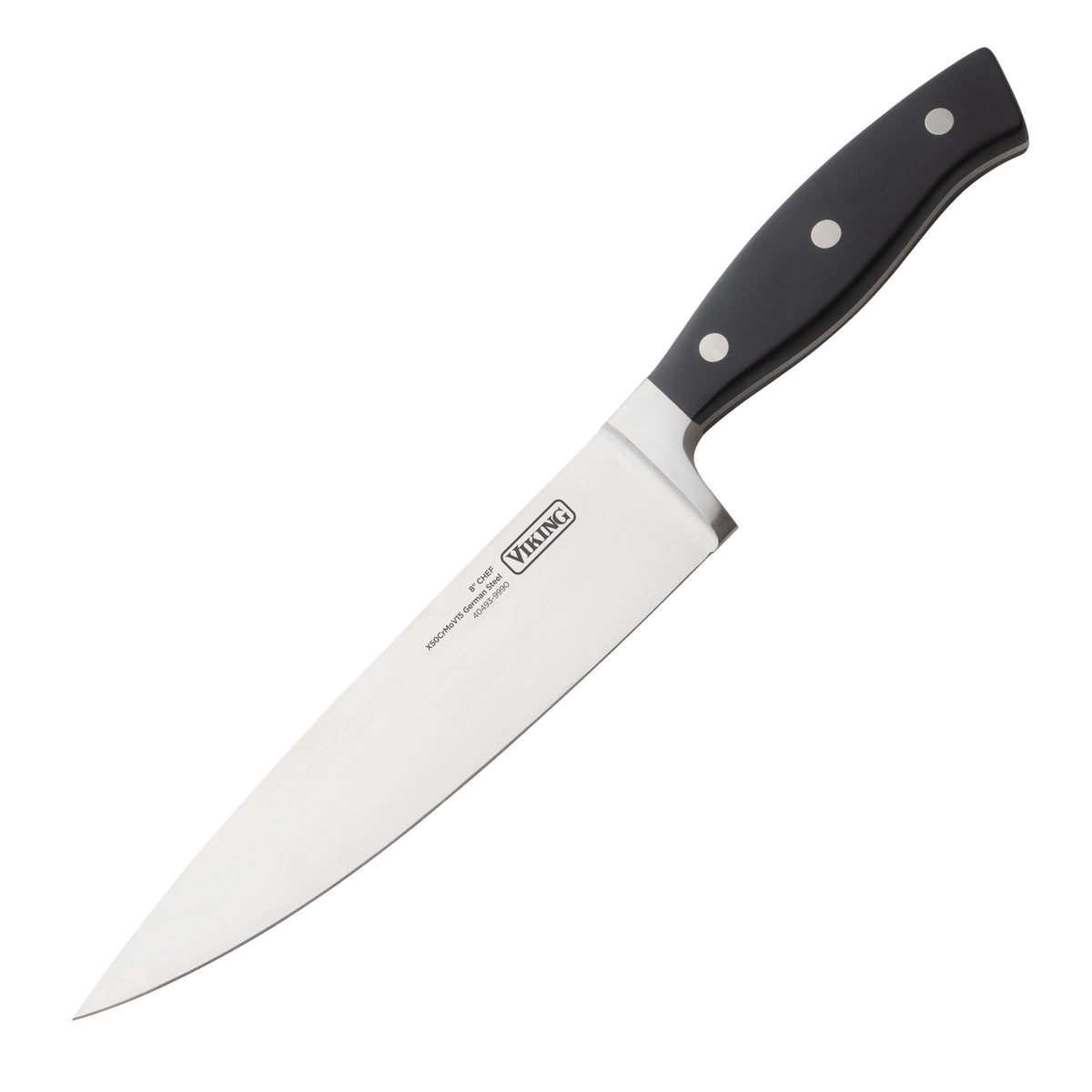 A stainless steel chef’s knife with a black handle featuring three silver rivets, placed on a white background. The blade is engraved with the brand name “Viking.”.
