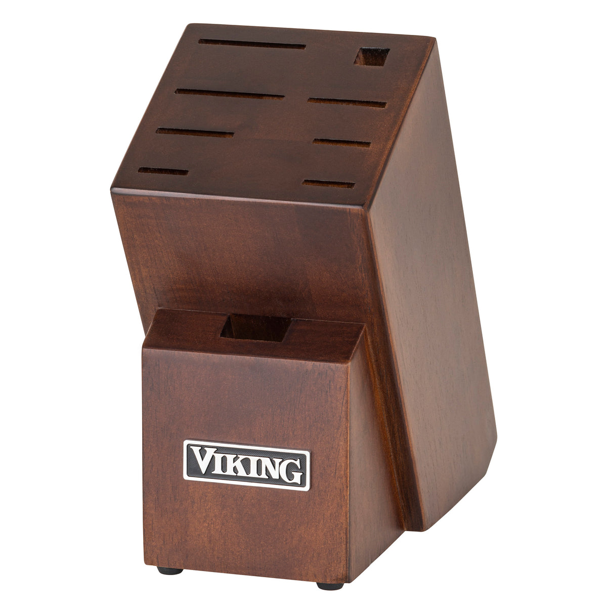 The Viking 10-Piece True Forged Cutlery Set with Block by Viking Culinary Products features a walnut-finish knife block with angled slots and a silver VIKING logo—ideal for organizing your chef knives in style.