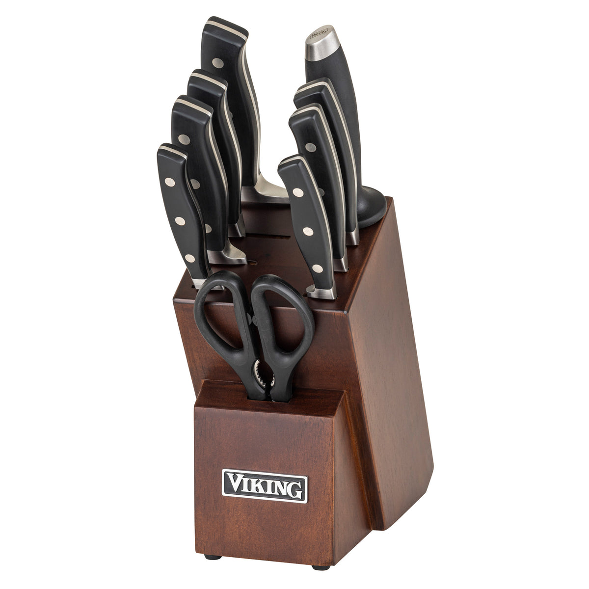 The Viking 10-Piece True Forged Cutlery Set with Block by Viking Culinary Products features a walnut finish block holding six stainless steel knives with black handles, kitchen shears, a sharpening steel, and more, all arranged upright.