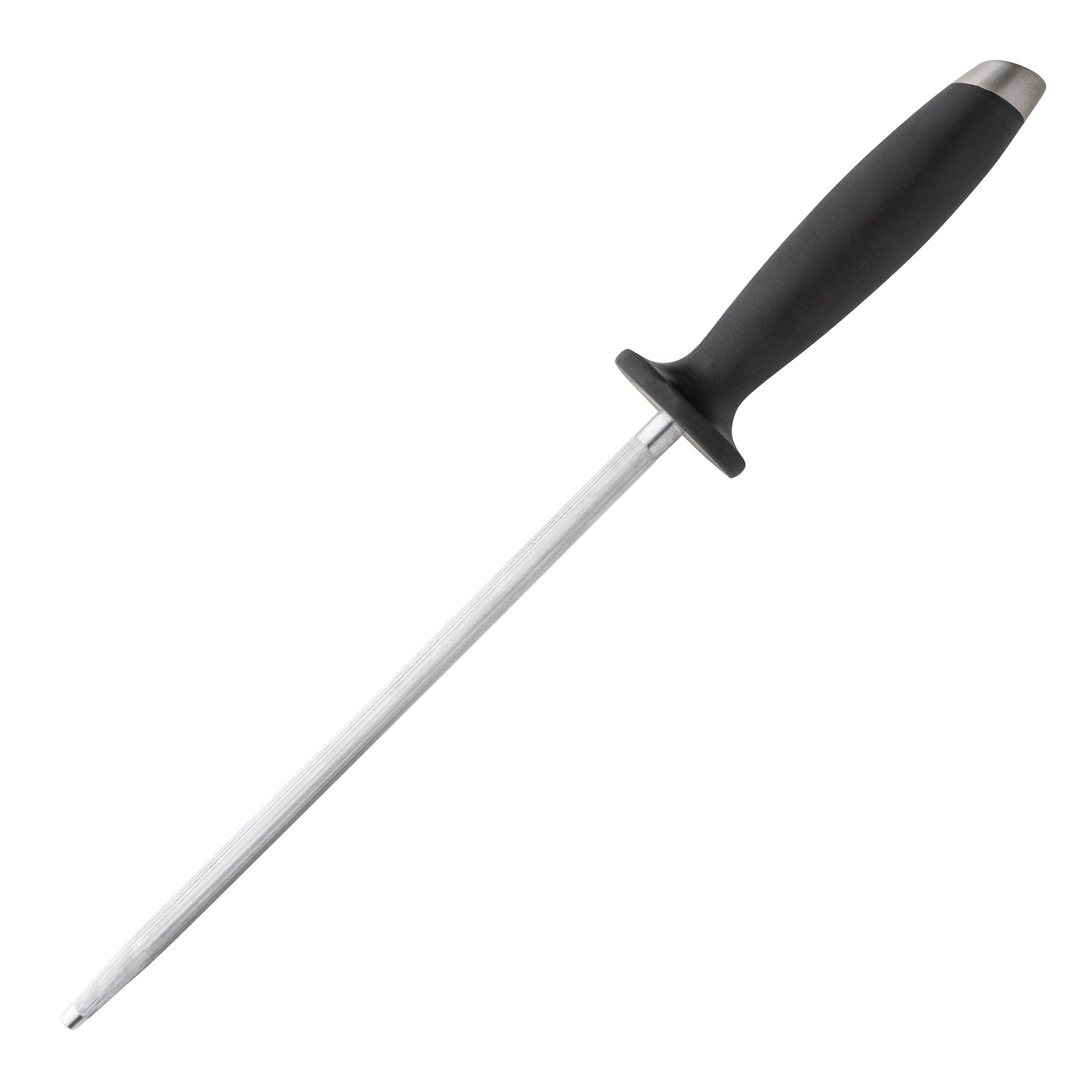 A steel honing rod with black ergonomic handle and finger guard, ideal for maintaining the Viking 10-Piece True Forged Cutlery Set from Viking Culinary Products, featuring a long ridged design shown diagonally on white background.
