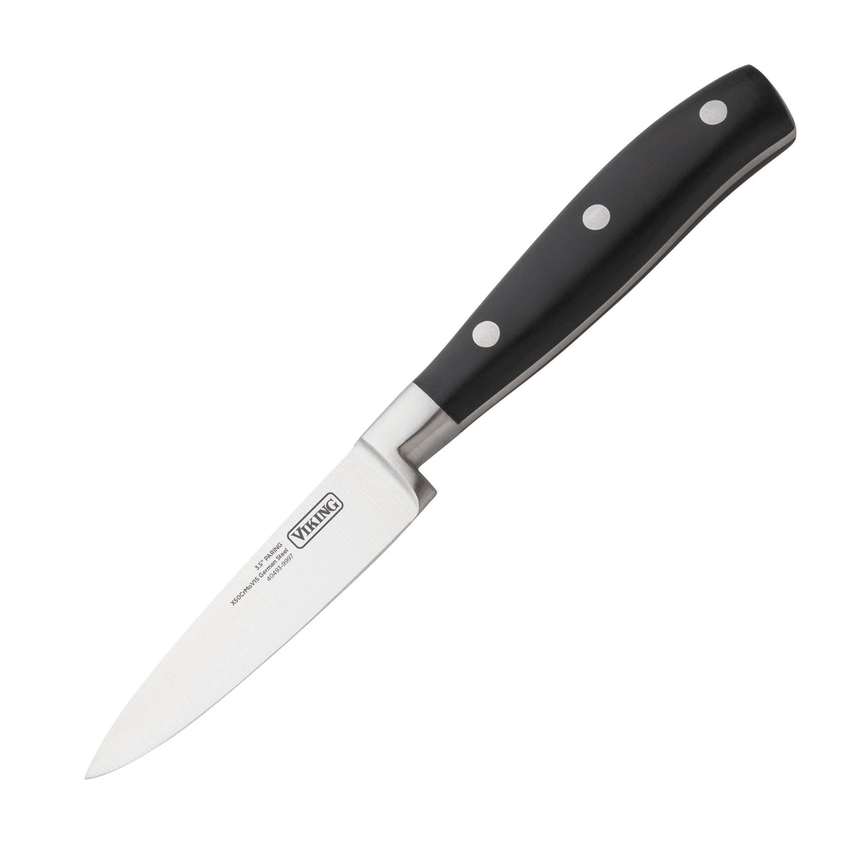 The Viking 17-Piece Cutlery Set by Viking Culinary Products includes a paring knife with an ergonomic black handle, three metal rivets, and a stainless steel blade, shown angled on a white background with a light walnut color block.