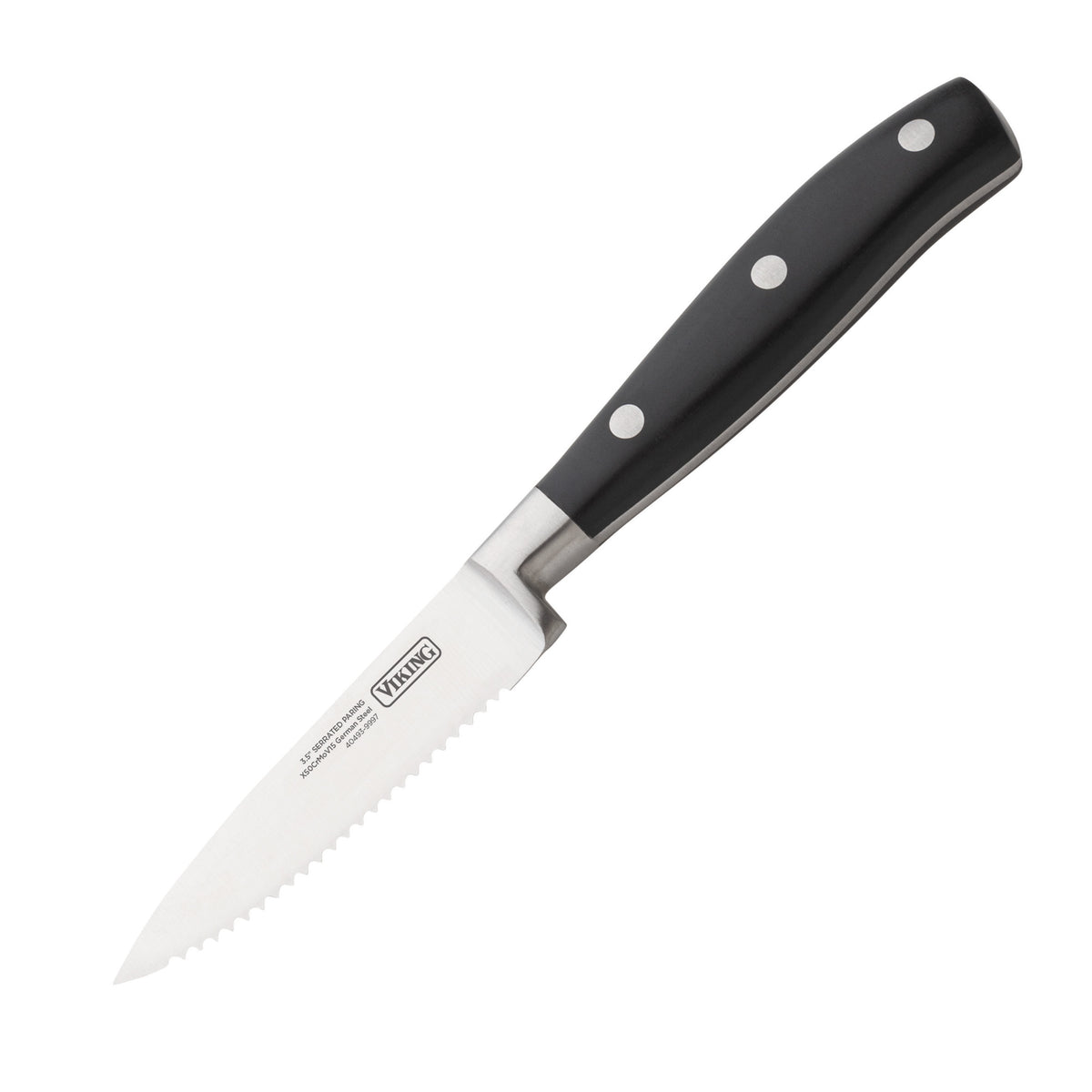 The Viking 17-Piece Cutlery Set by Viking Culinary Products includes a serrated paring knife with an ergonomic black handle and triple rivets, featuring the Viking logo on its stainless steel blade, displayed on a white background.