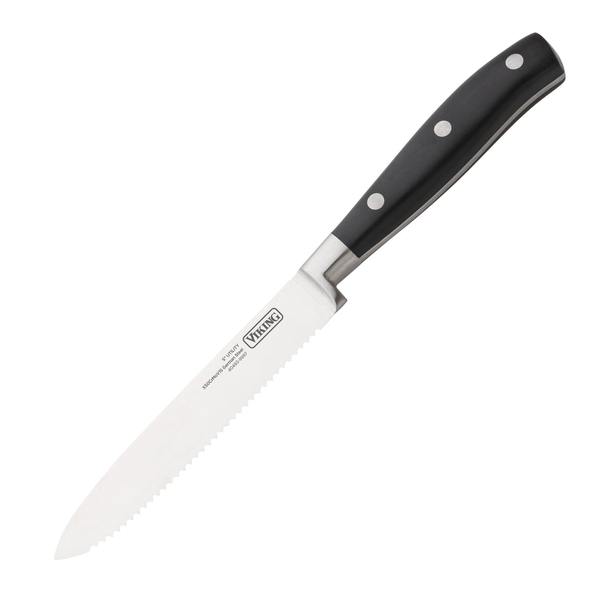 A Viking Culinary Products serrated kitchen knife with an ergonomic black handle and three rivets, from the Viking 17-Piece Cutlery Set with Light Walnut Color Block, displayed on a white background.