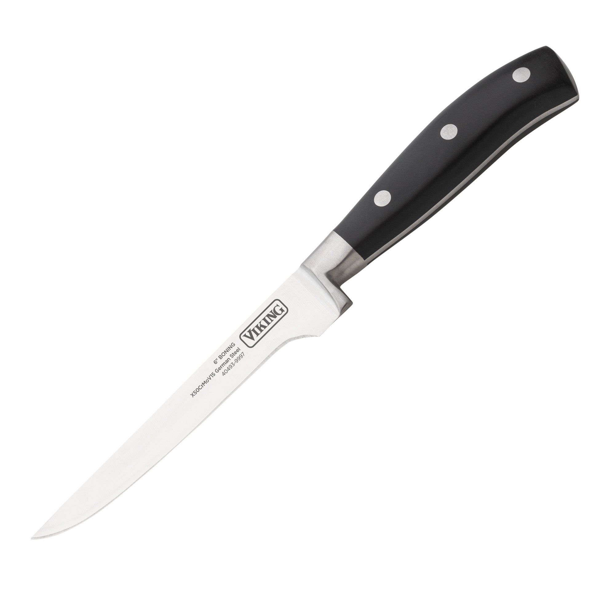 A Viking Culinary Products chef knife from the 17-Piece Cutlery Set rests diagonally on a white background, showcasing its ergonomic black handle with three rivets and “Viking” printed on the stainless steel blade.