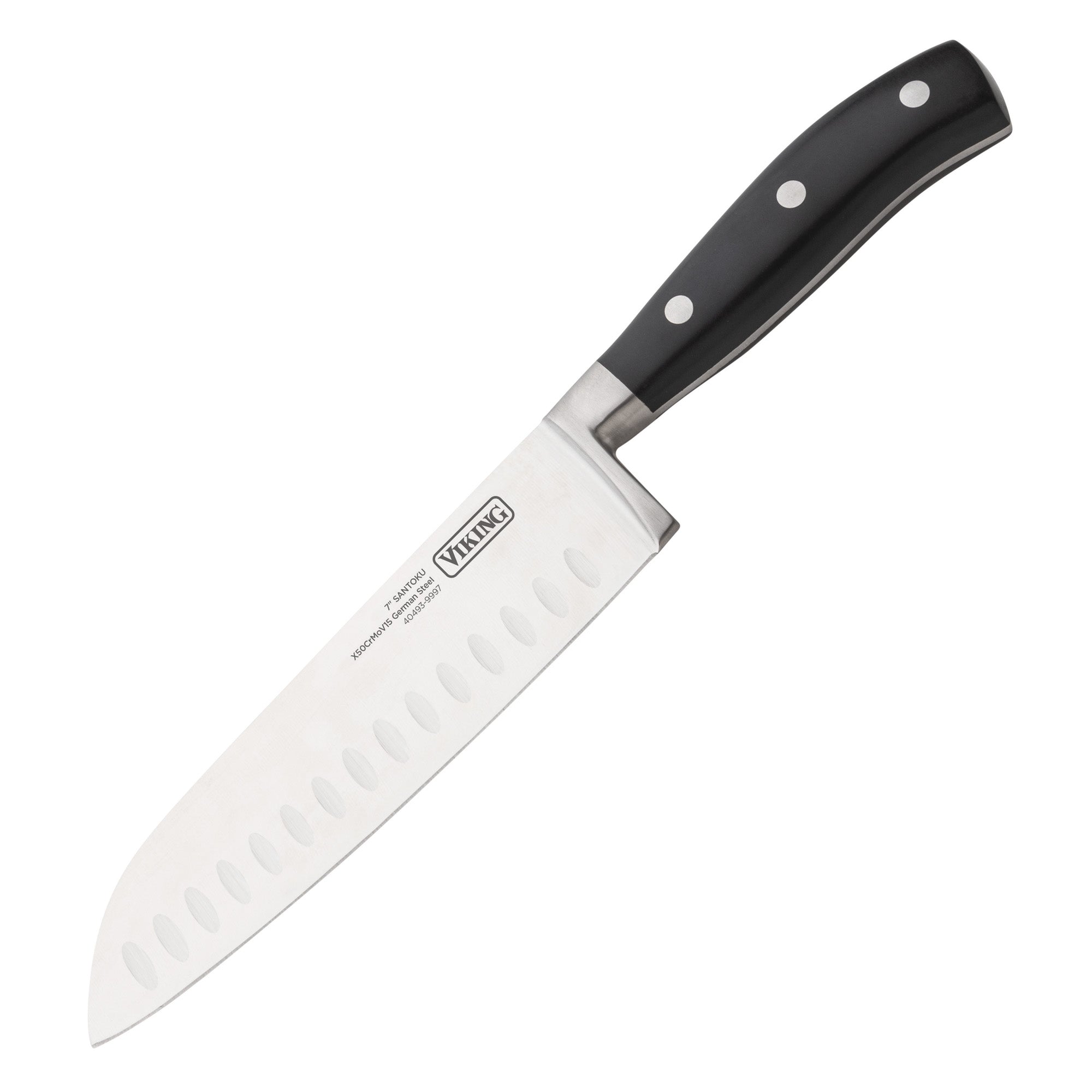 The Viking Culinary Products 17-Piece Cutlery Set with Light Walnut Color Block includes a Santoku chef knife featuring an ergonomic black handle with three rivets and a wide blade with oval indents for easy slicing.