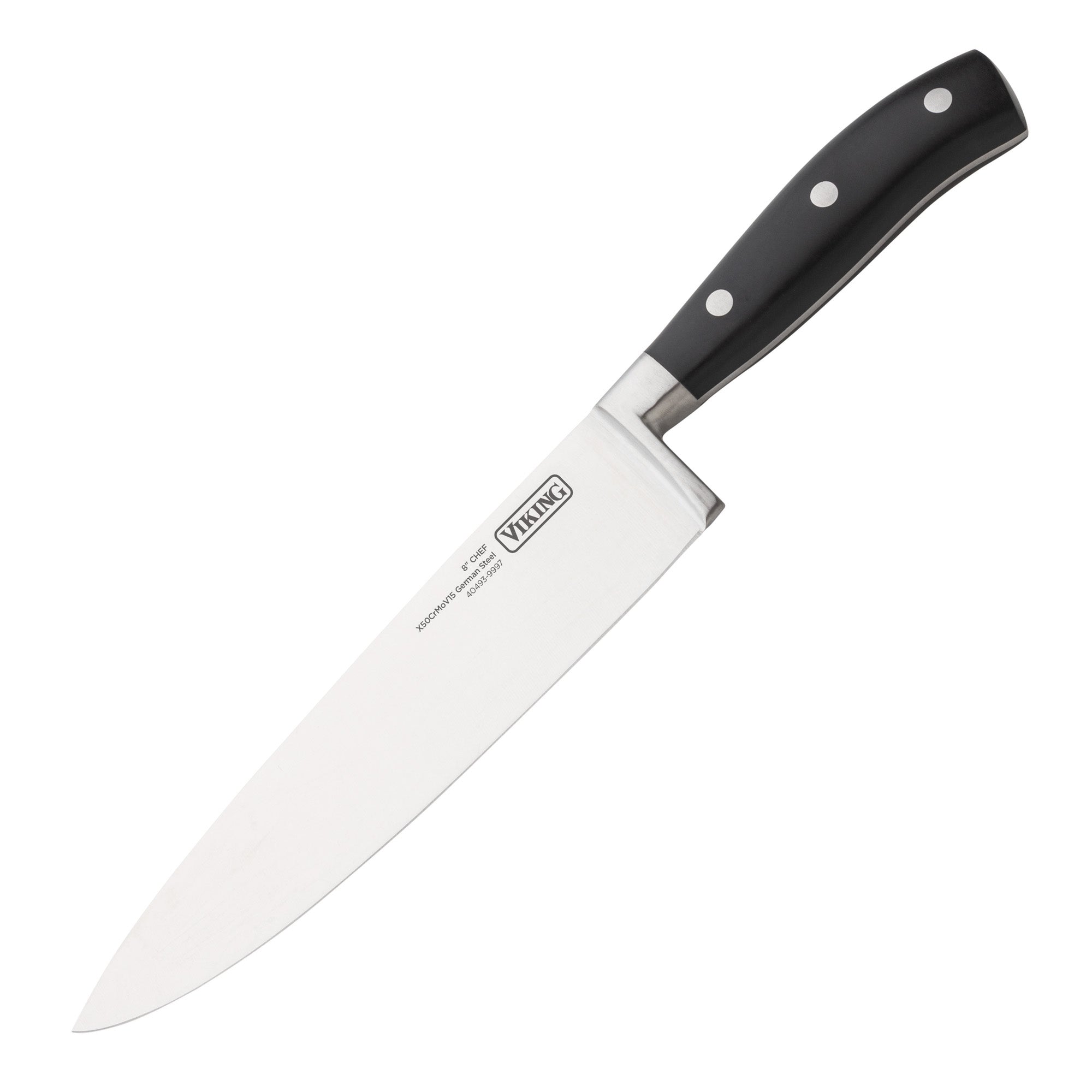 A Viking Culinary Products chef's knife from the Viking 17-Piece Cutlery Set with Light Walnut Color Block, featuring a sharp X50CrMoV15 stainless steel blade and black handle with three rivets, photographed on a white background.