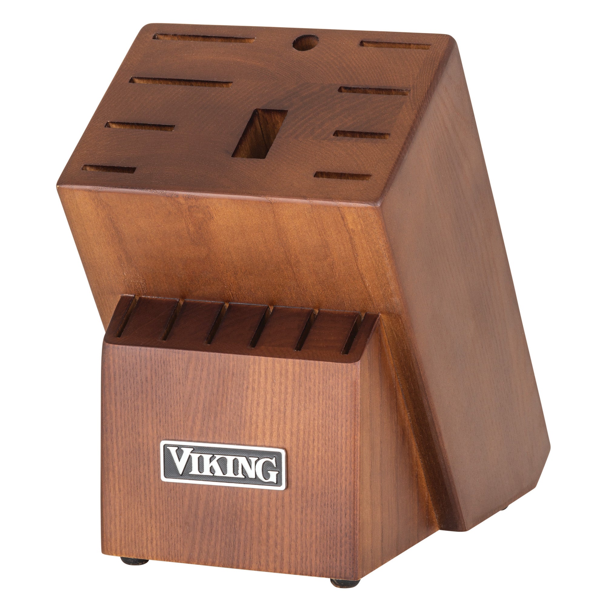 The Viking 17-Piece Cutlery Set by Viking Culinary Products features stainless steel chef knives in a light walnut color angled block, with multiple slots and a stylish front logo, displayed on a white background.