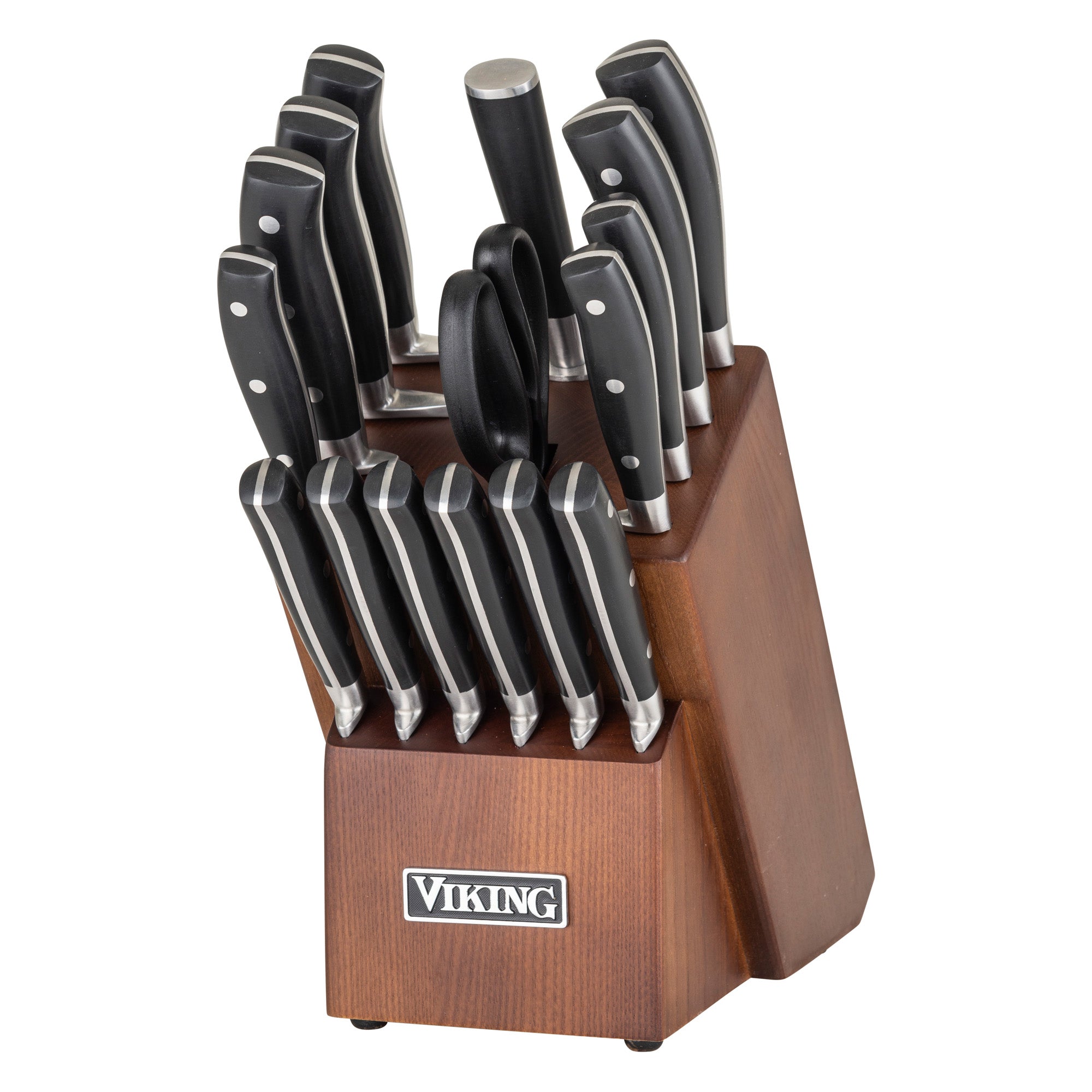 The Viking 17-Piece Cutlery Set from Viking Culinary Products features kitchen knives and scissors with ergonomic black handles, stainless steel blades, and silver rivets, all organized in a light walnut color block.